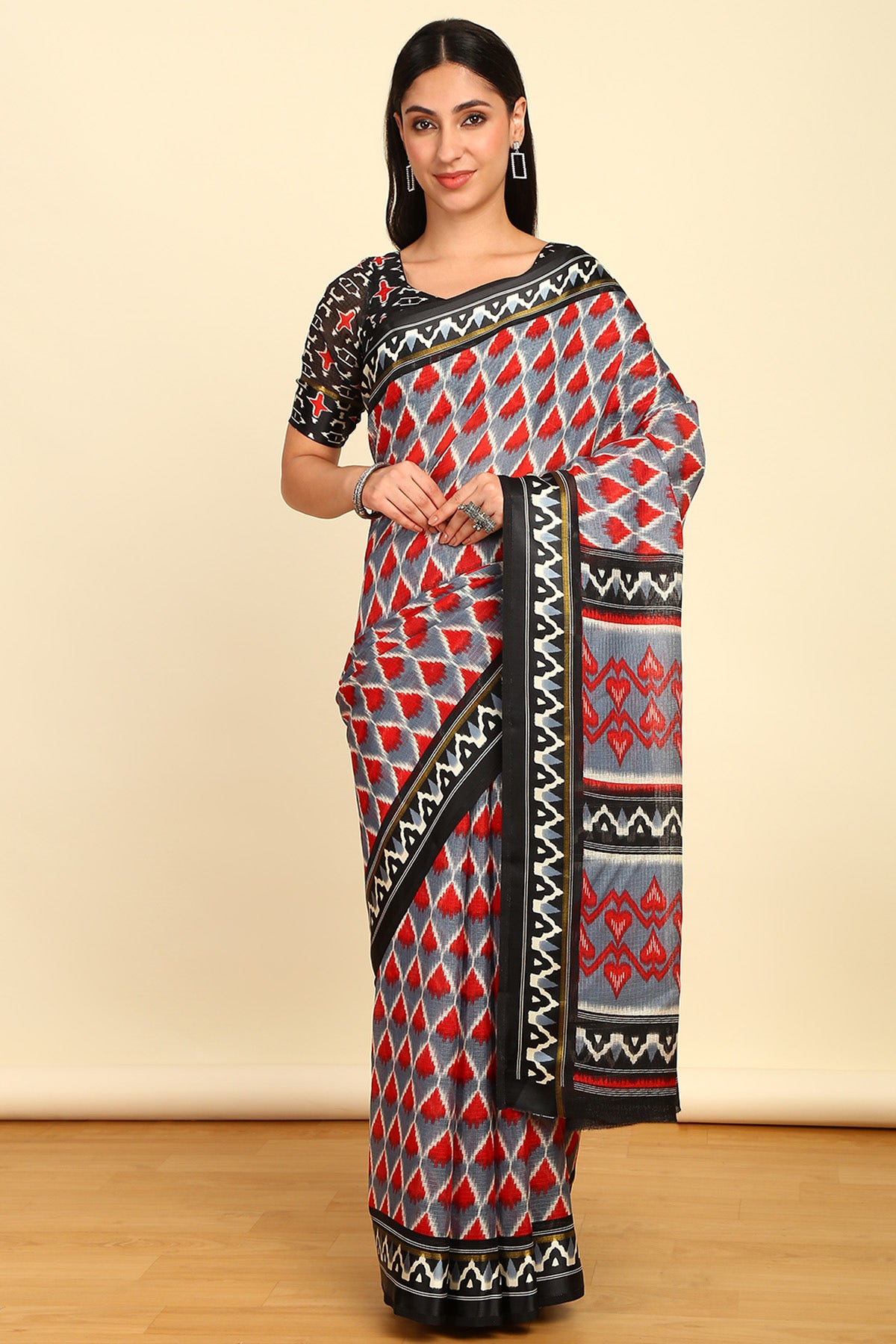Shop Grey Ikat Print Cotton Saree in India on Soch Online Store