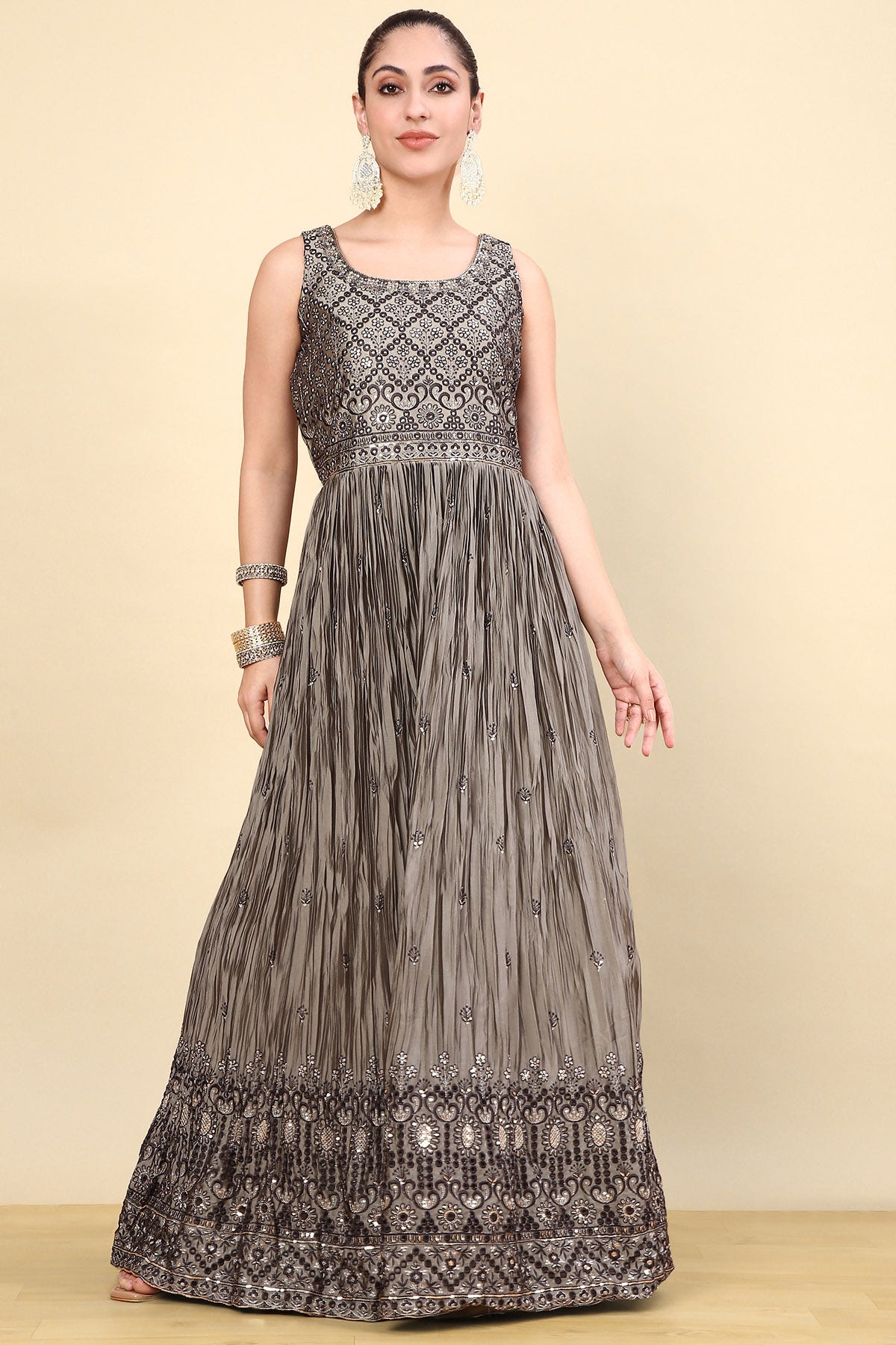 Grey Zari Embroidery Silk Ethnic Gown With Sequins Available in the USA Worldwide