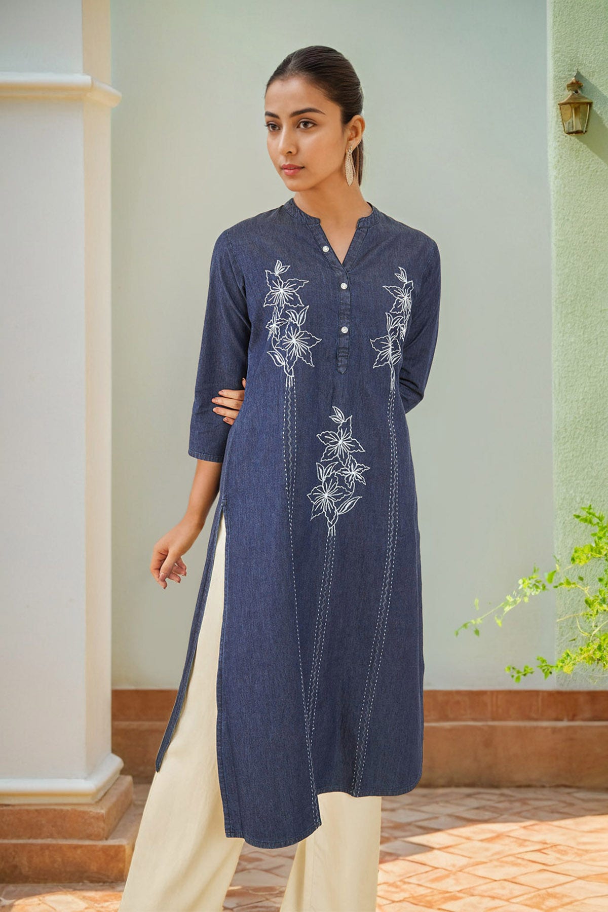 Indigo Cotton Floral Embroidered Straight Kurta Available in the USA Worldwide