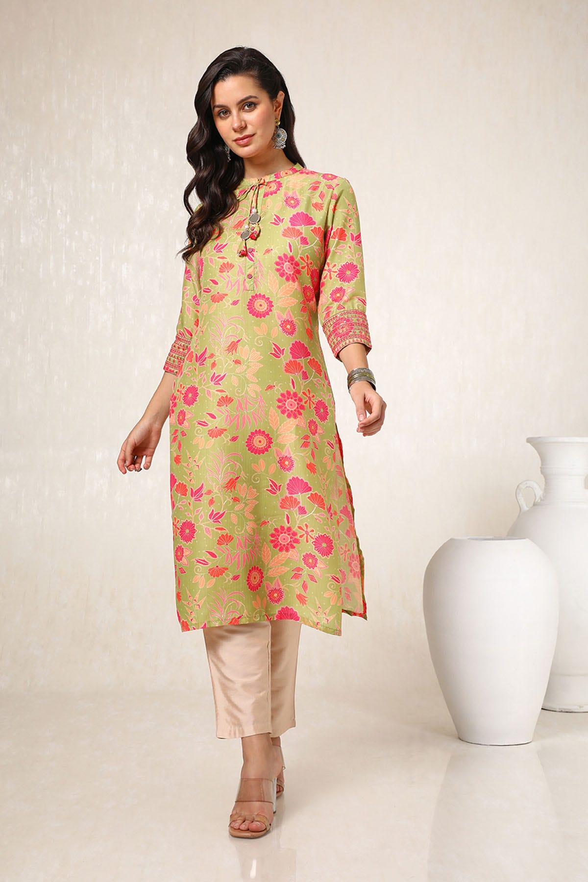 Light Green Muslin Blend Floral Print Kurta With Tassels Available in the USA Worldwide