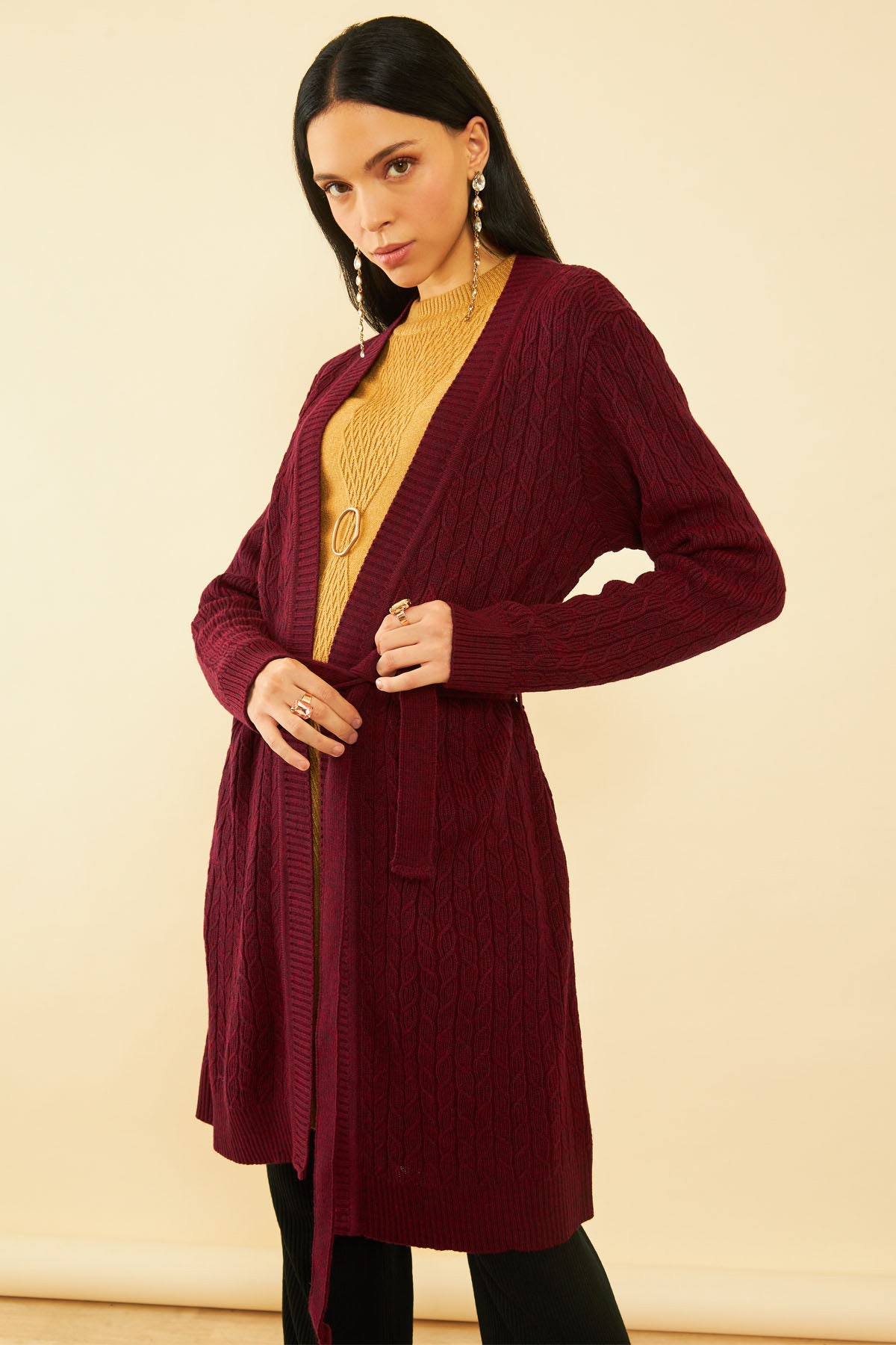 Buy Maroon Acrylic Cable Knit Open Front Longline Shrug with
