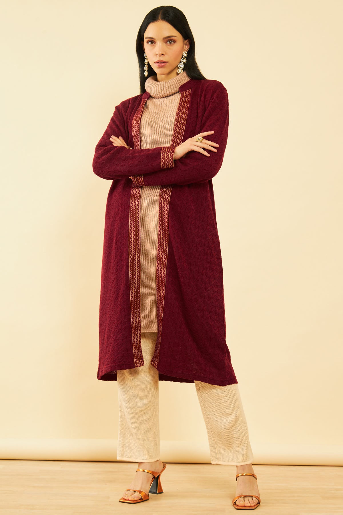 Maroon Acrylic Geometric Pattern Knitted Open Front Longline Shrug