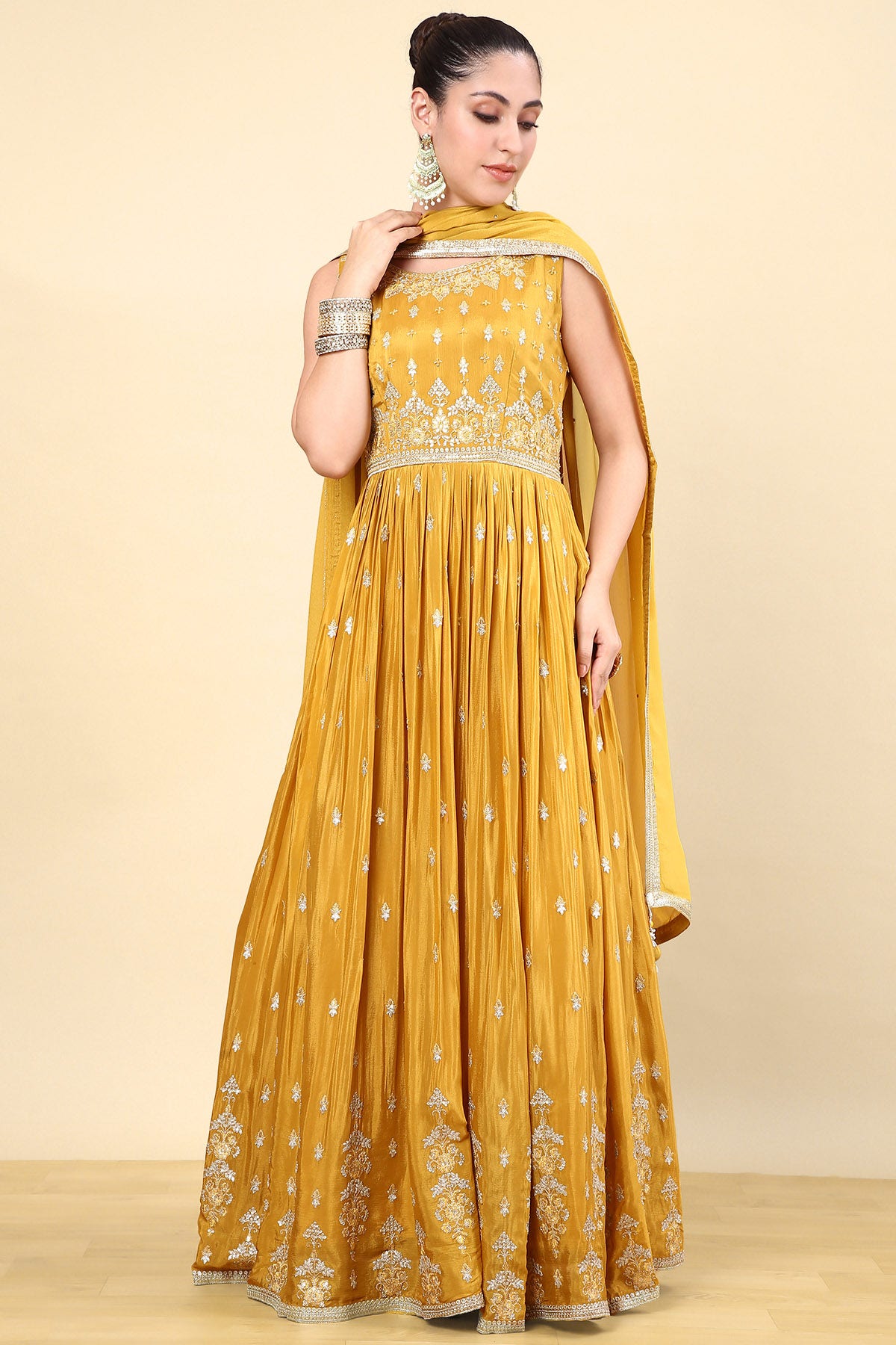 Buy Resham Silk Mustard Gown Online : 268776 -