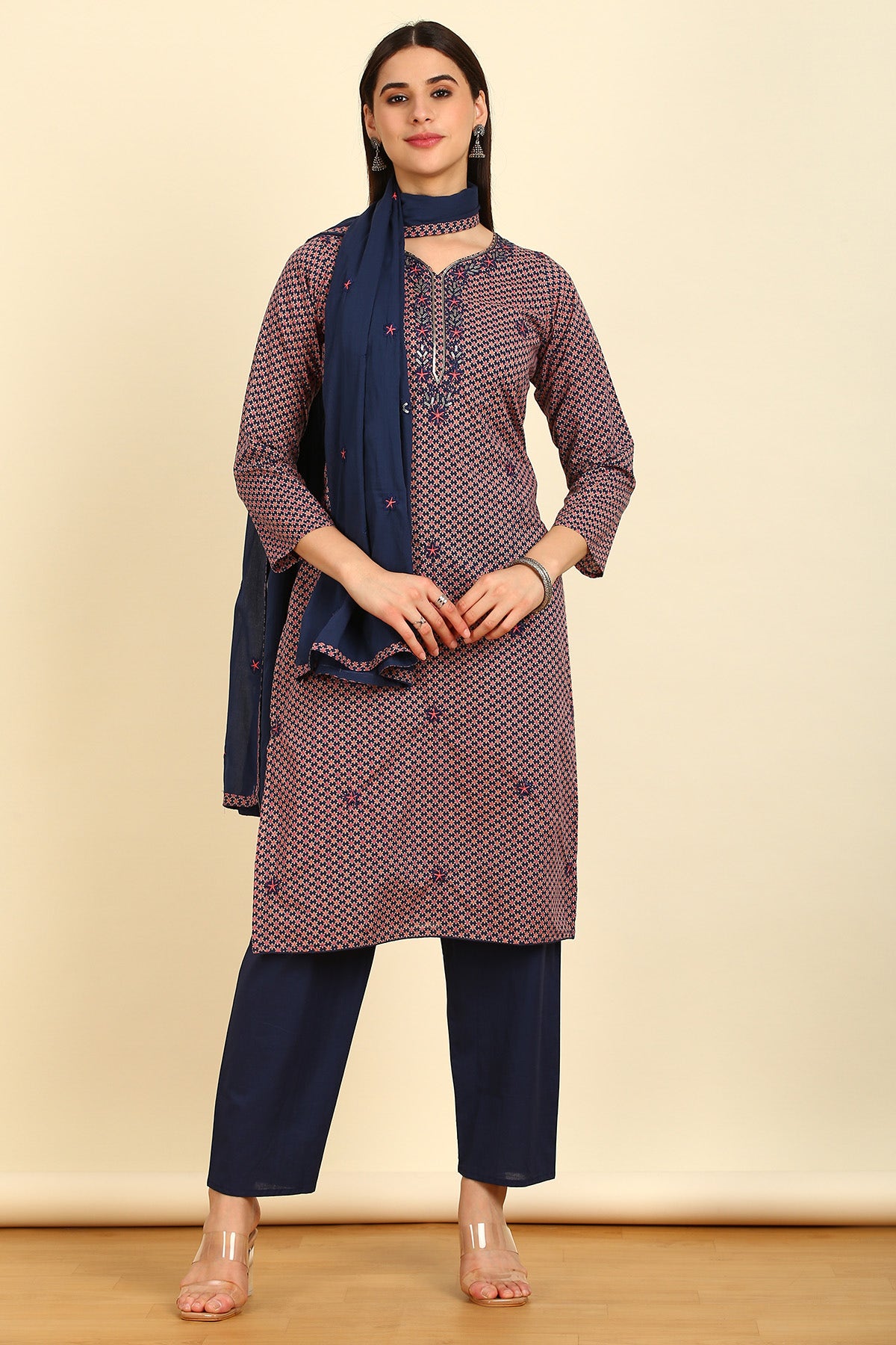 Shop Navy Blue Floral Cotton Dress Material With Sequins Online in India