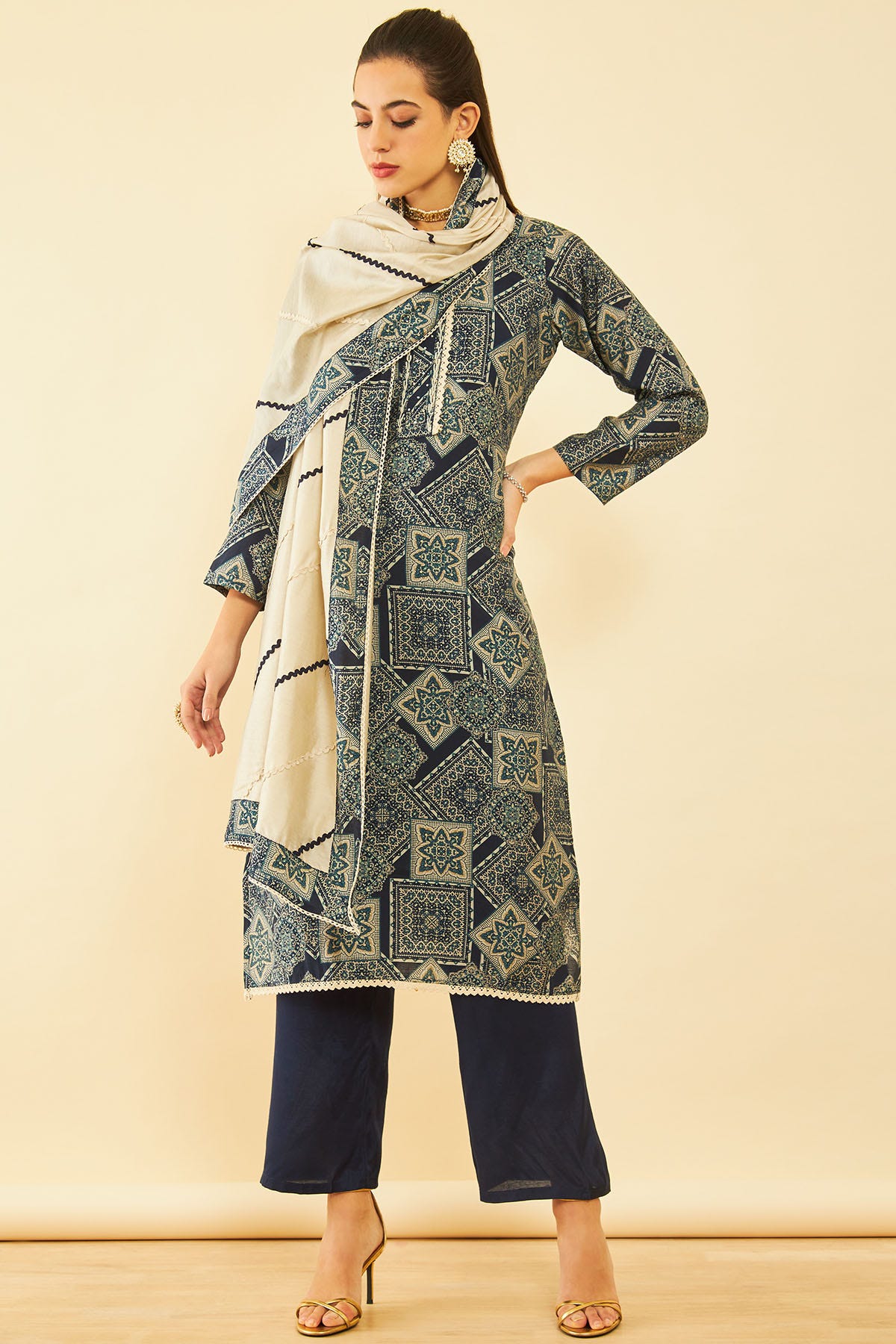Navy Blue Muslin Ethnic Motifs Printed Dress Material Available in Canada Soch