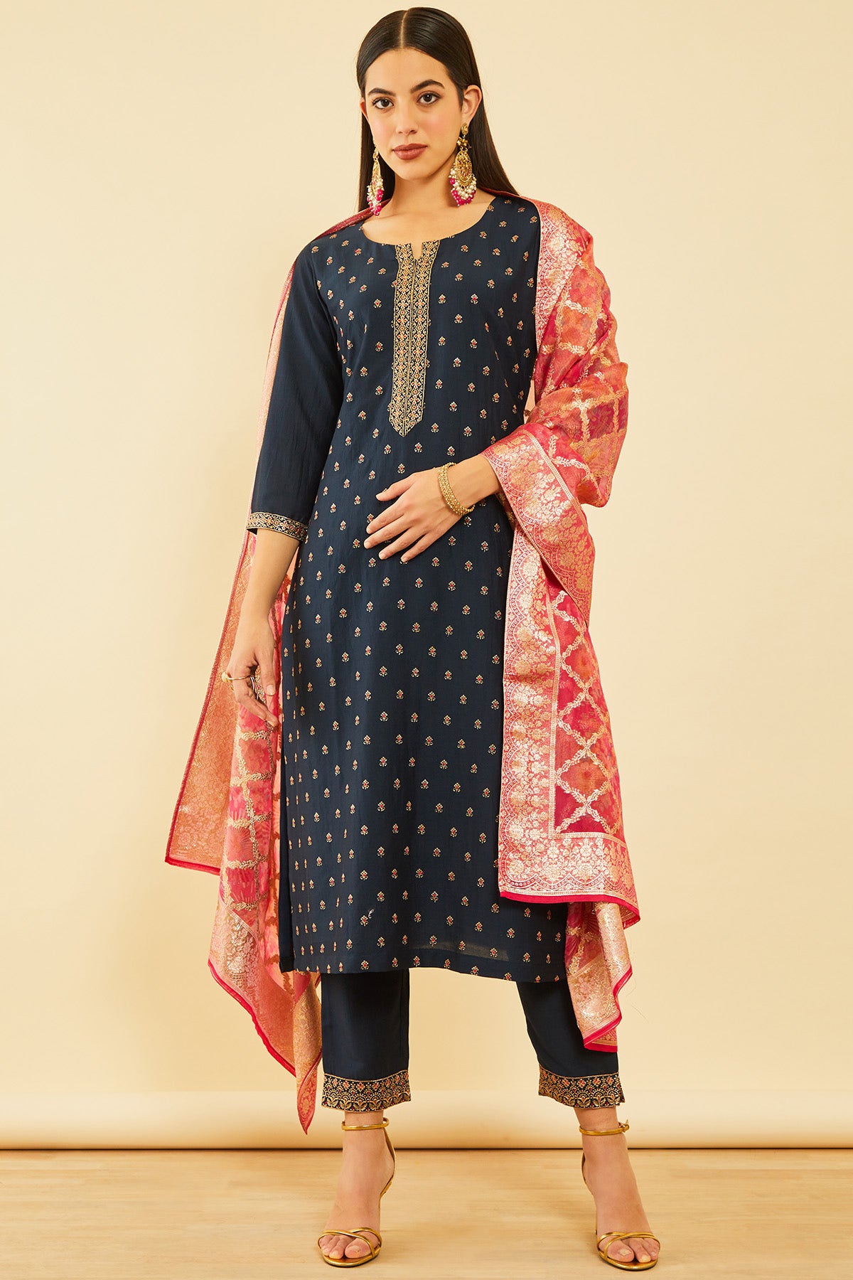 Soch Navy Blue Silk Blend Embroidered Suit Set With Thread Work M Soch Apparels Dental College Road Davanagere