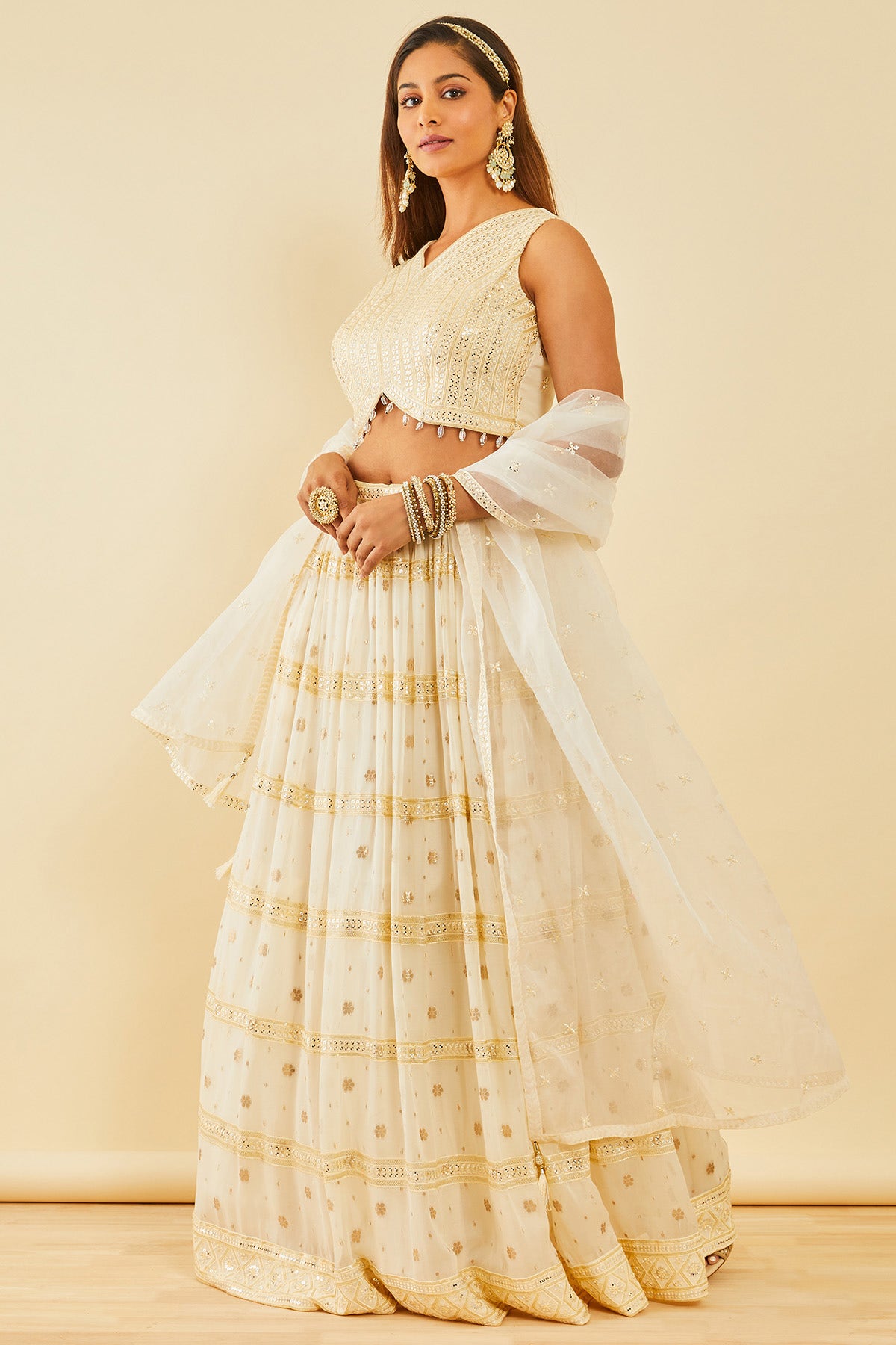 Shop Off White Embellished Georgette Lehenga Choli Online in India