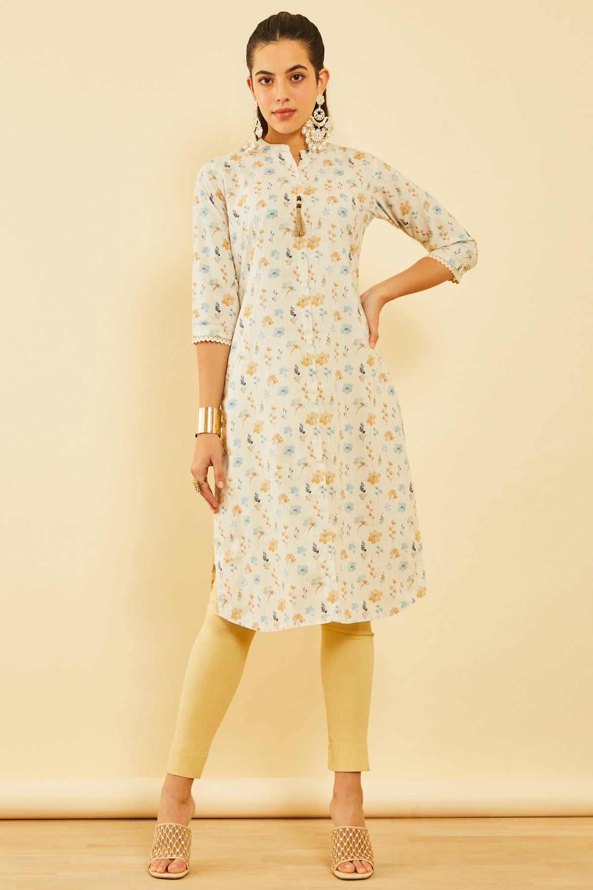 Off White Cotton Floral Printed Kurta With Tassels Available in Canada Soch