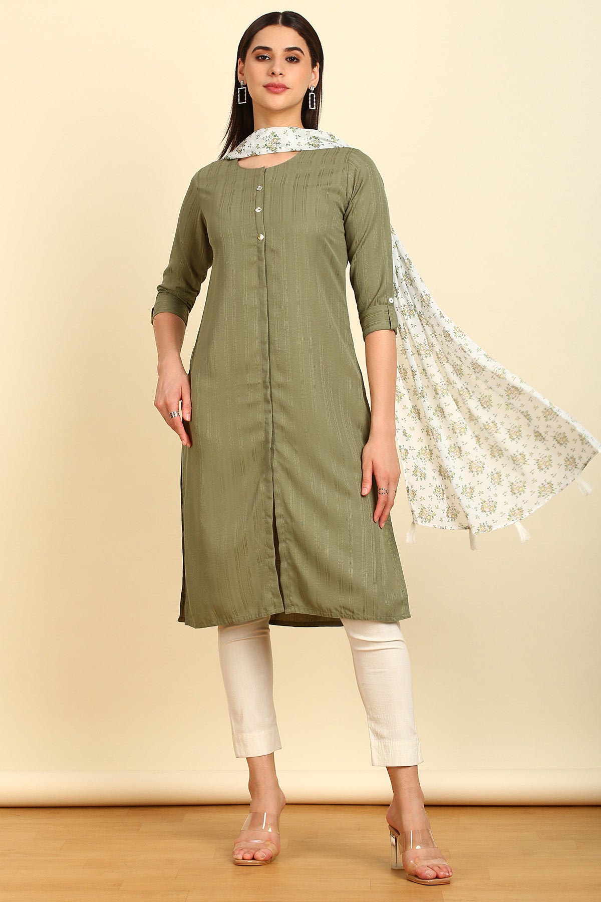 Olive Woven Design Cotton Kurta With Printed Dupatta Available in Canada Soch