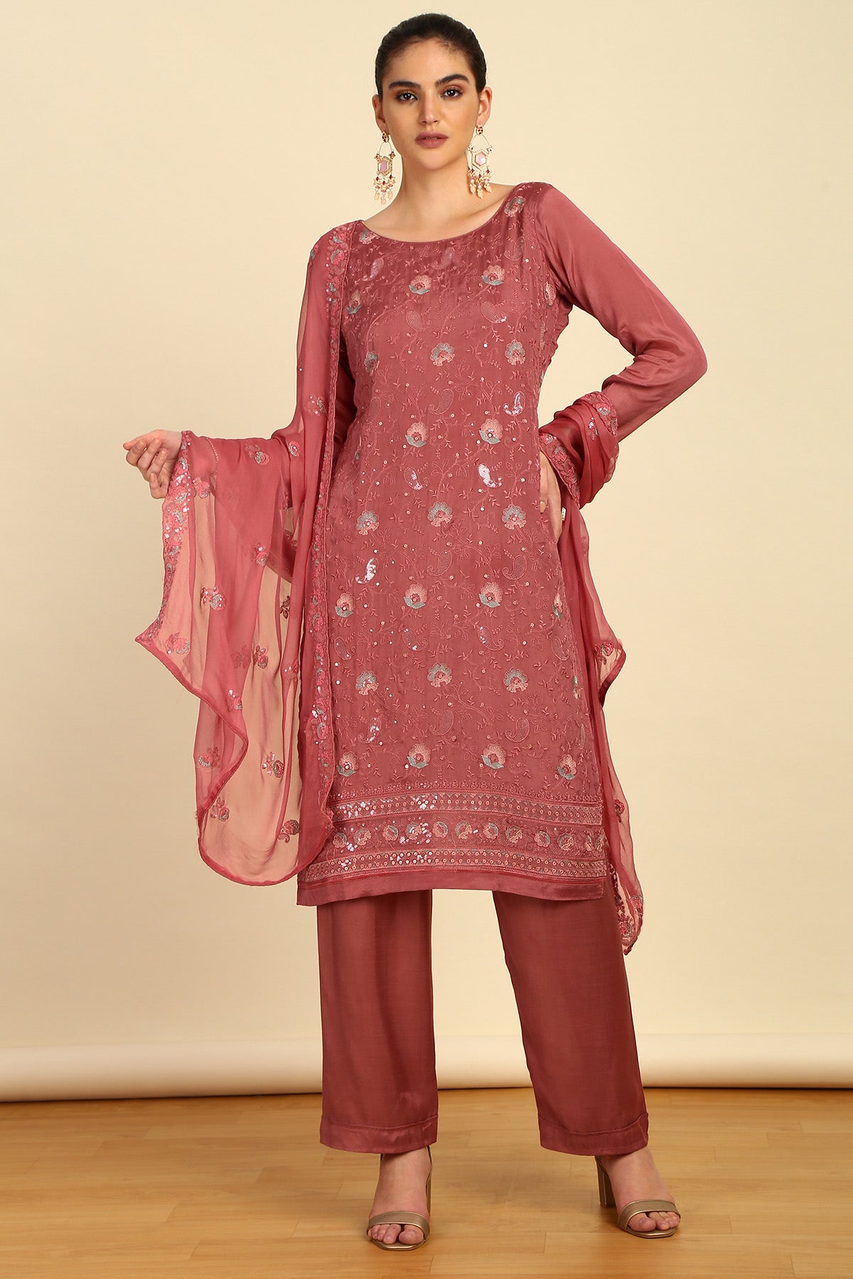 Buy Onion Pink Crepe Embroidered Dress Material With Sequins Online in India
