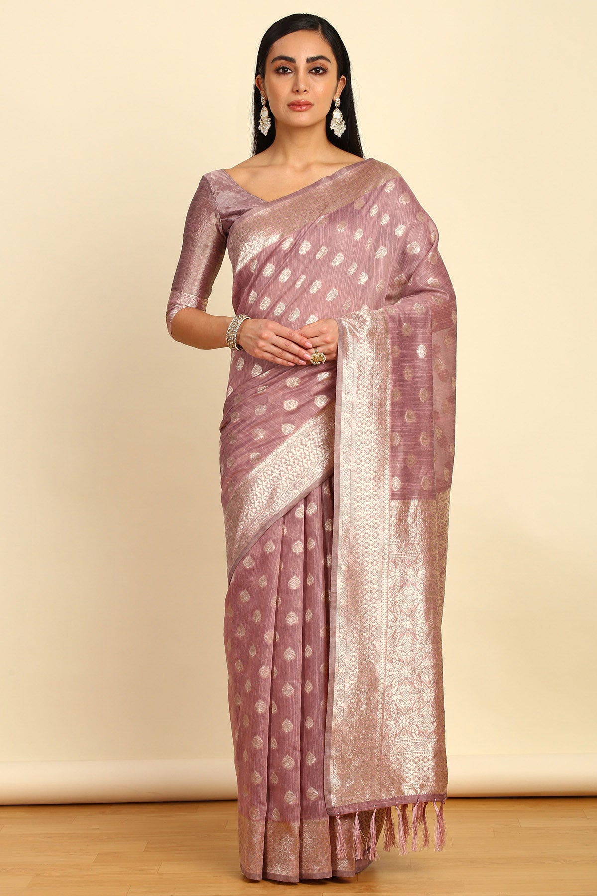 Onion Pink Woven Design Jacquard Tussar saree
