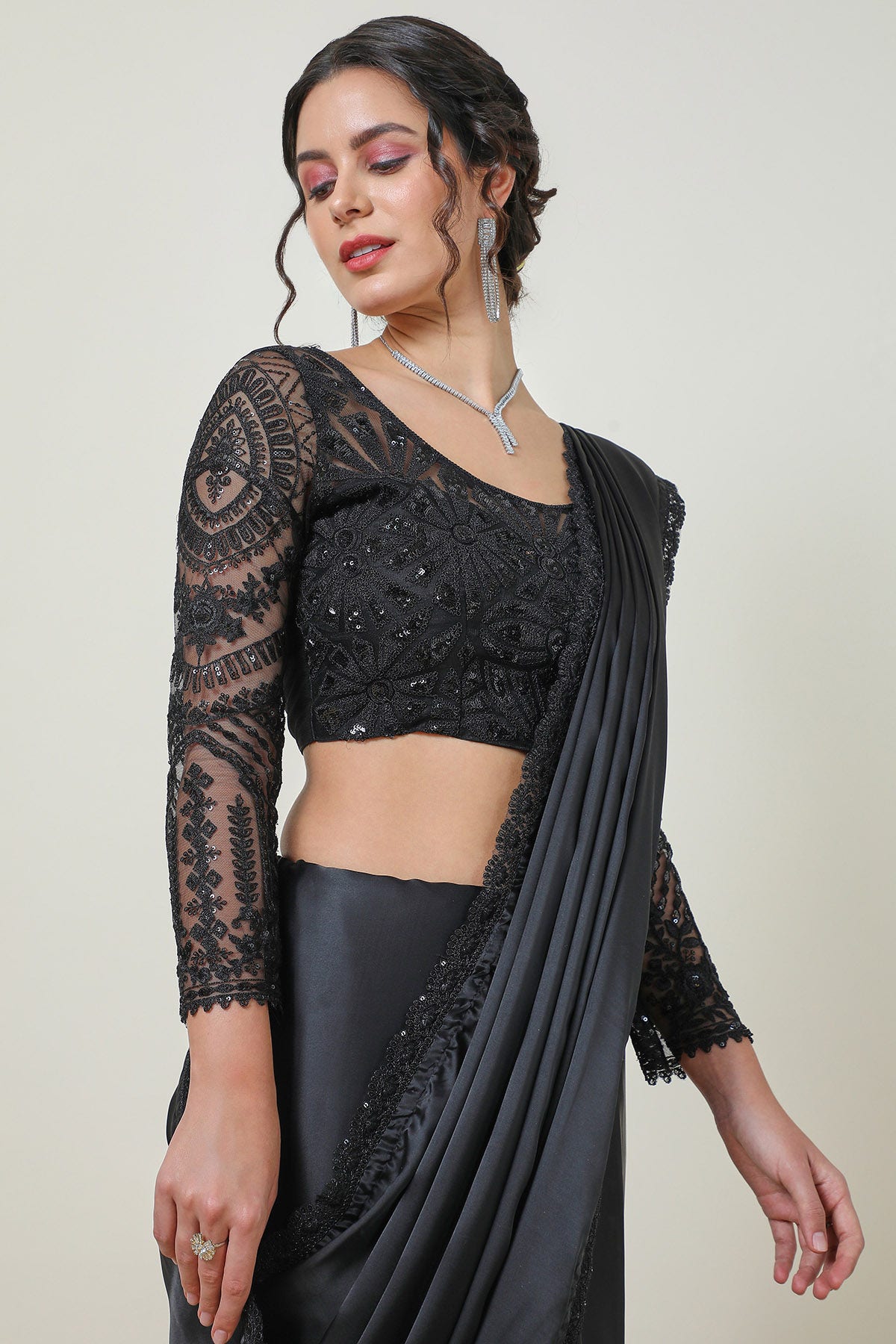 Buy Organza Plain Black Saree with Lace Border Online in India