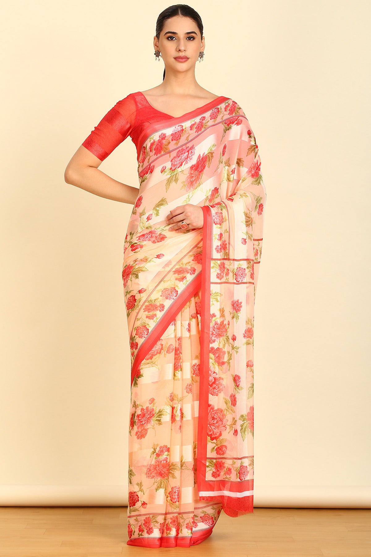 Buy Peach Floral Print Chiffon Saree Online in India on Soch Website