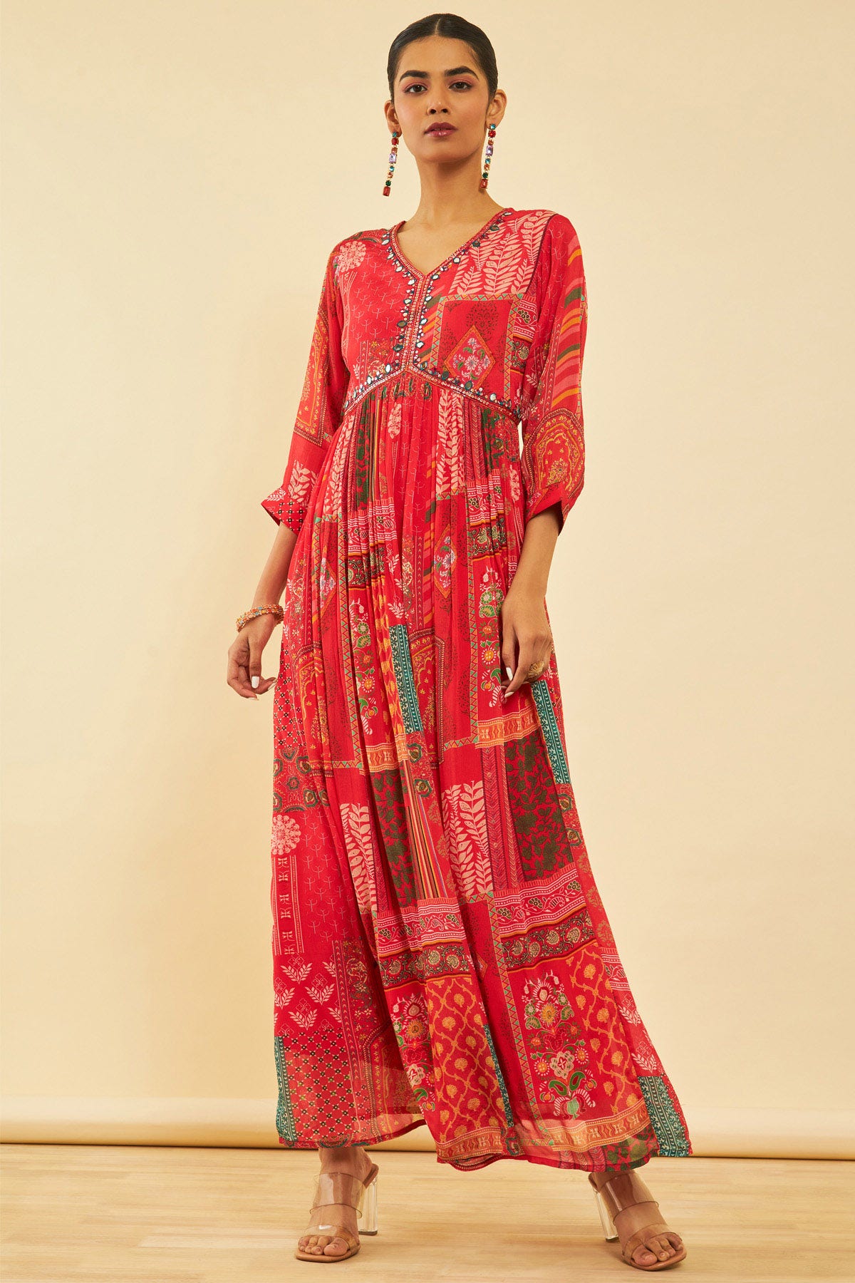 Peach Chinon Tile Printed Alia Cut Ethnic Dress With Mirror Work Available in USA
