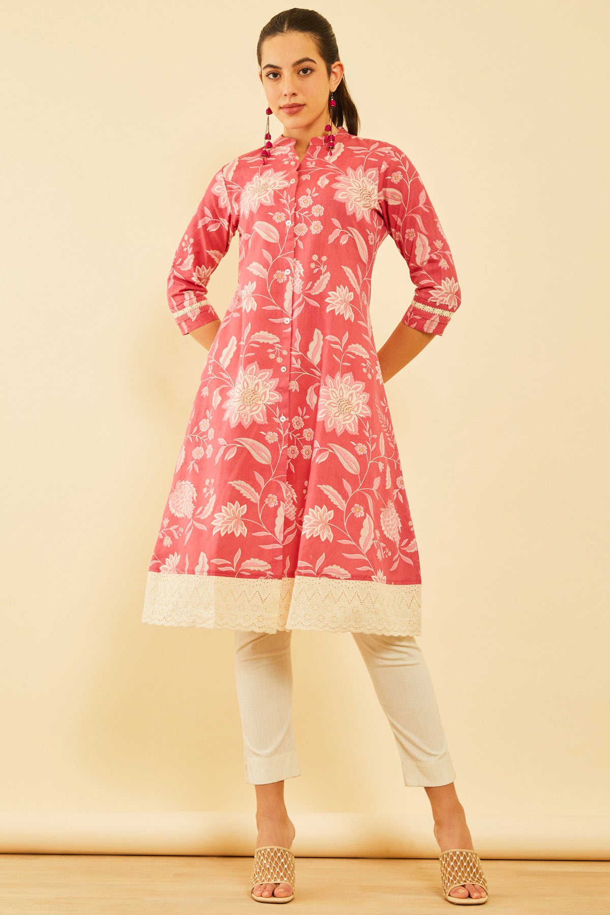 Blush Pink Chanderi Floral Print and Embroidered Layered Suit Set at Soch