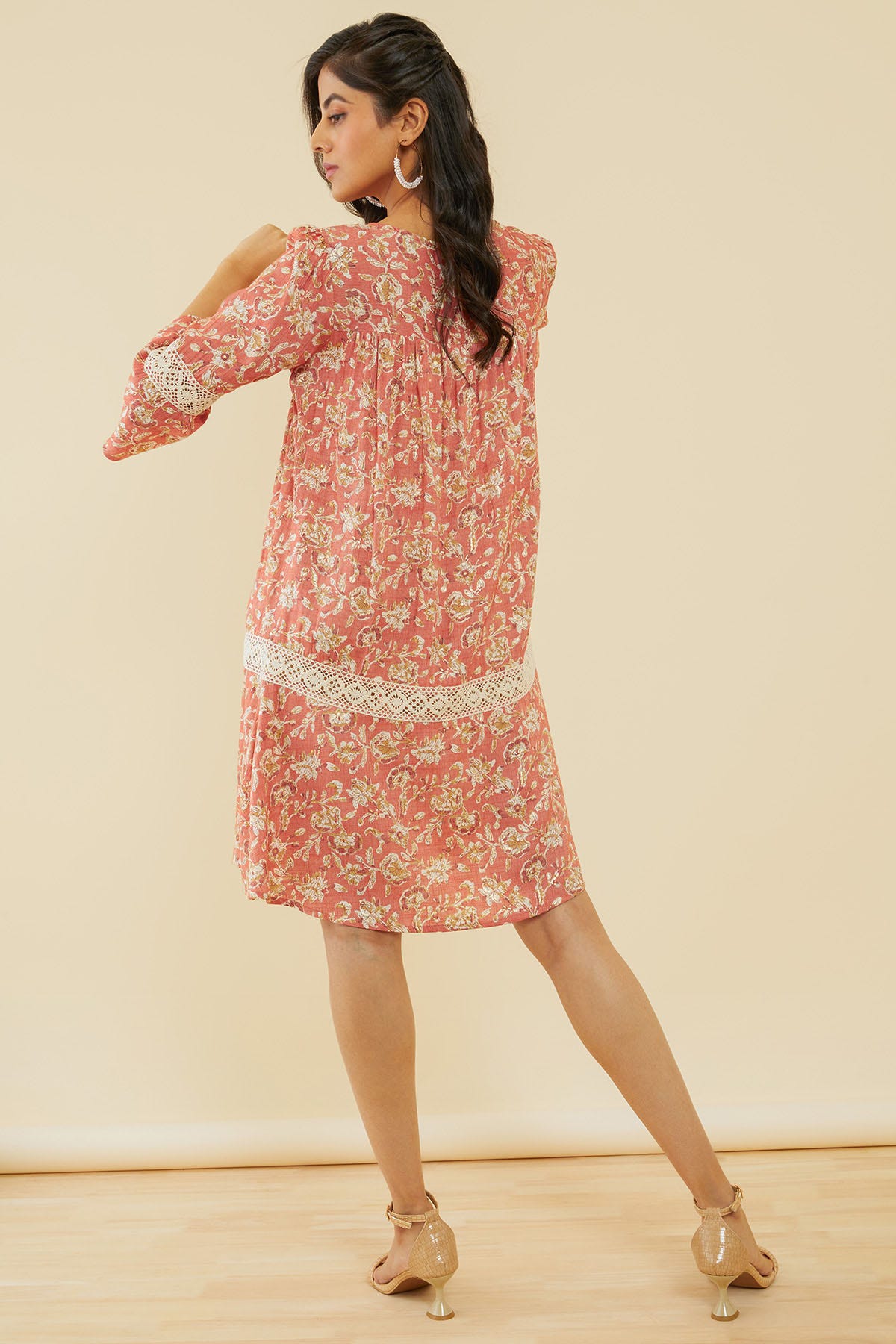 Shop Peach Ethnic Motifs Print Rayon A Line Dress Online in India