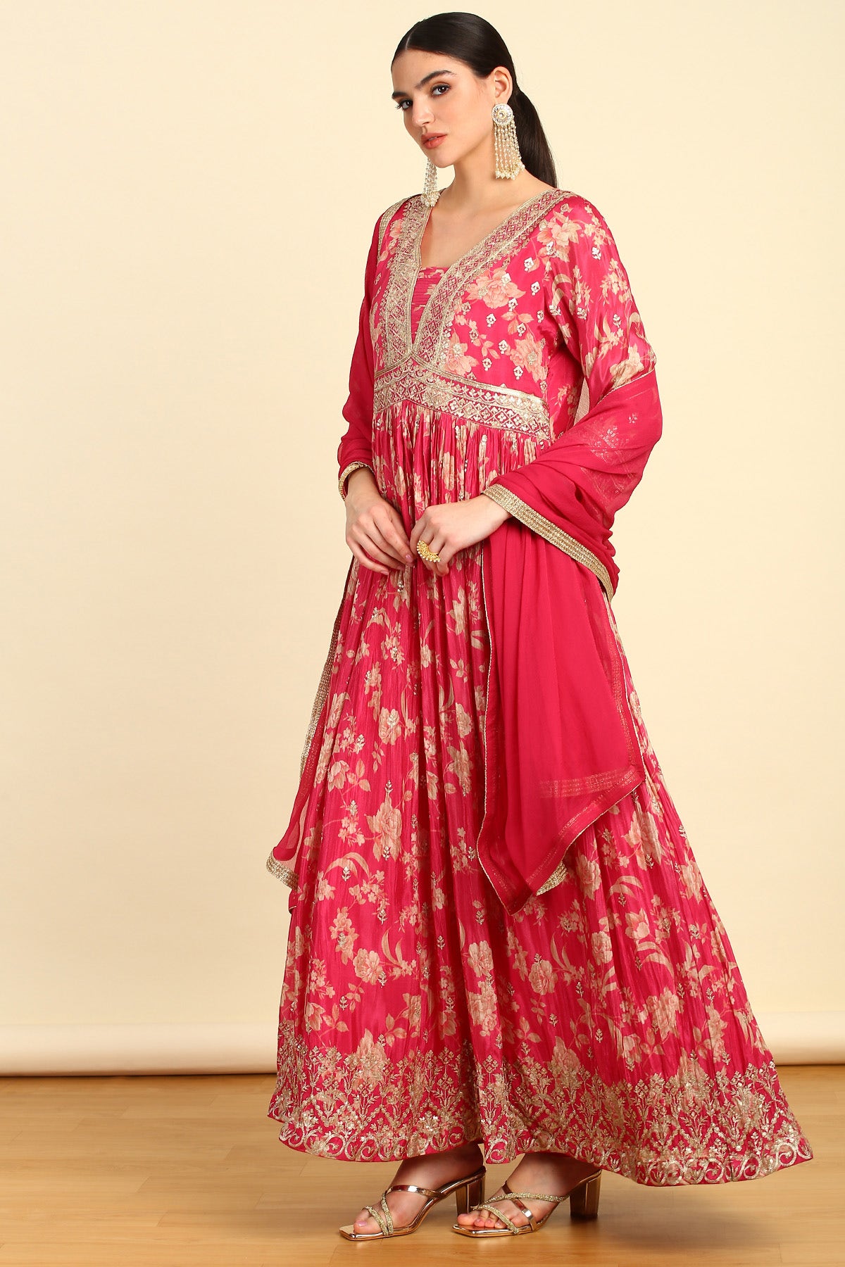 Shop Pink Sequinned Embellished Chinon Alia Cut Ethnic Gown Online in India