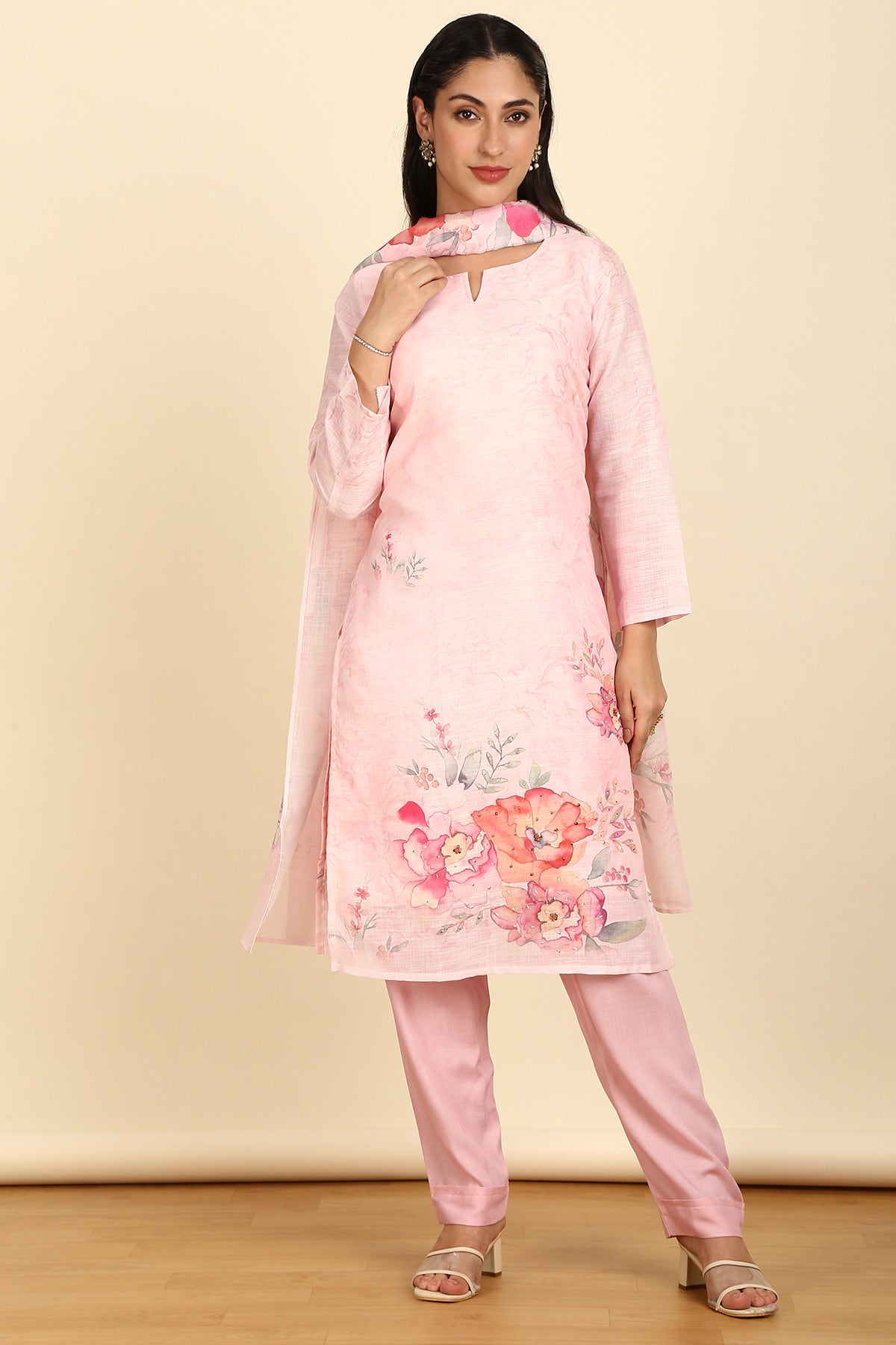 Shop Pink Floral Linen Dress Material With Beads Stones Online in India