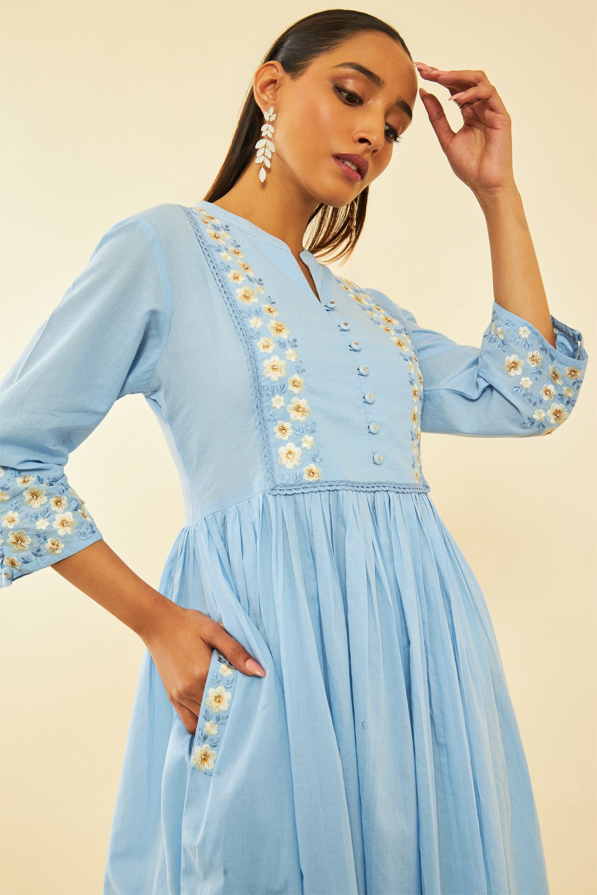 Powder Blue Cotton Embroidered Flared Dress With Beads Available in Canada