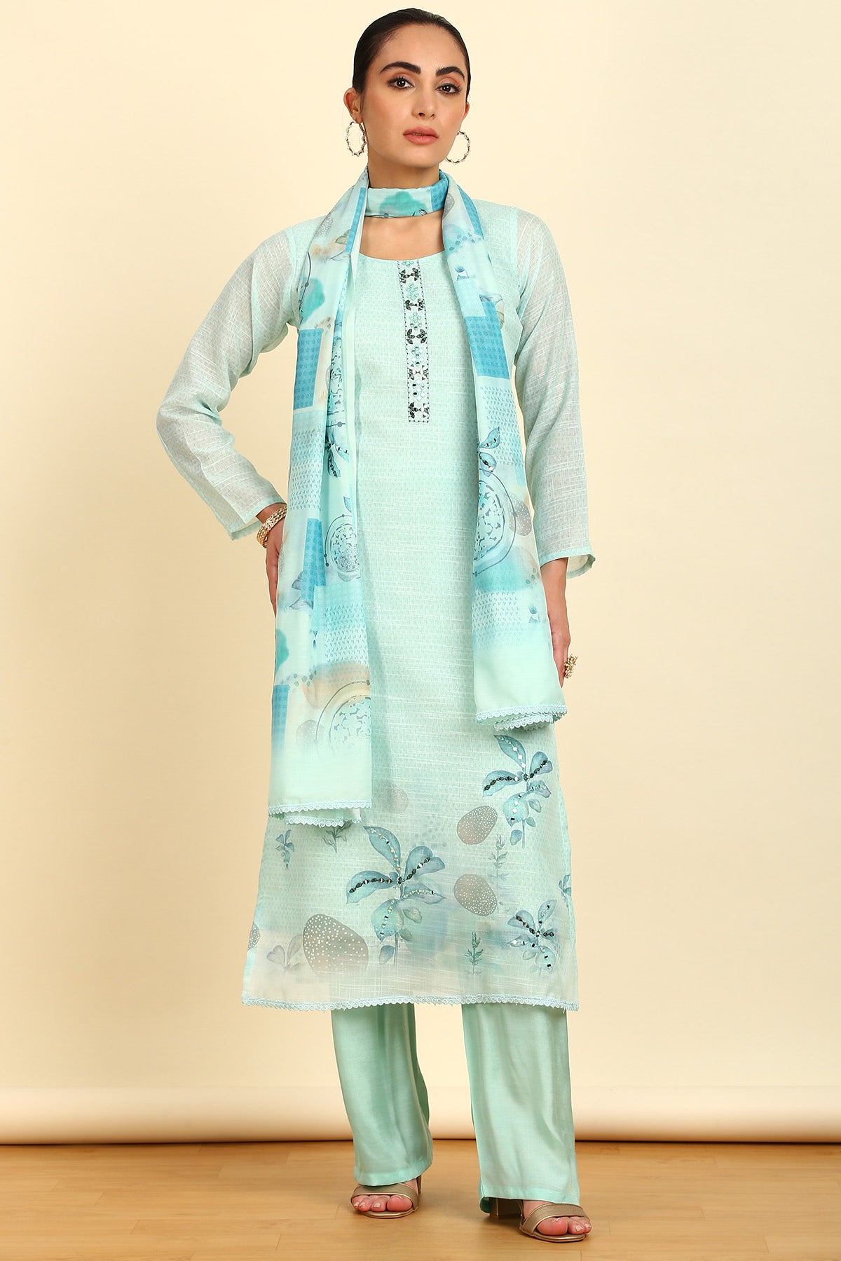 Shop Powder Blue Abstract Linen Dress Material With Mirrors Online in India