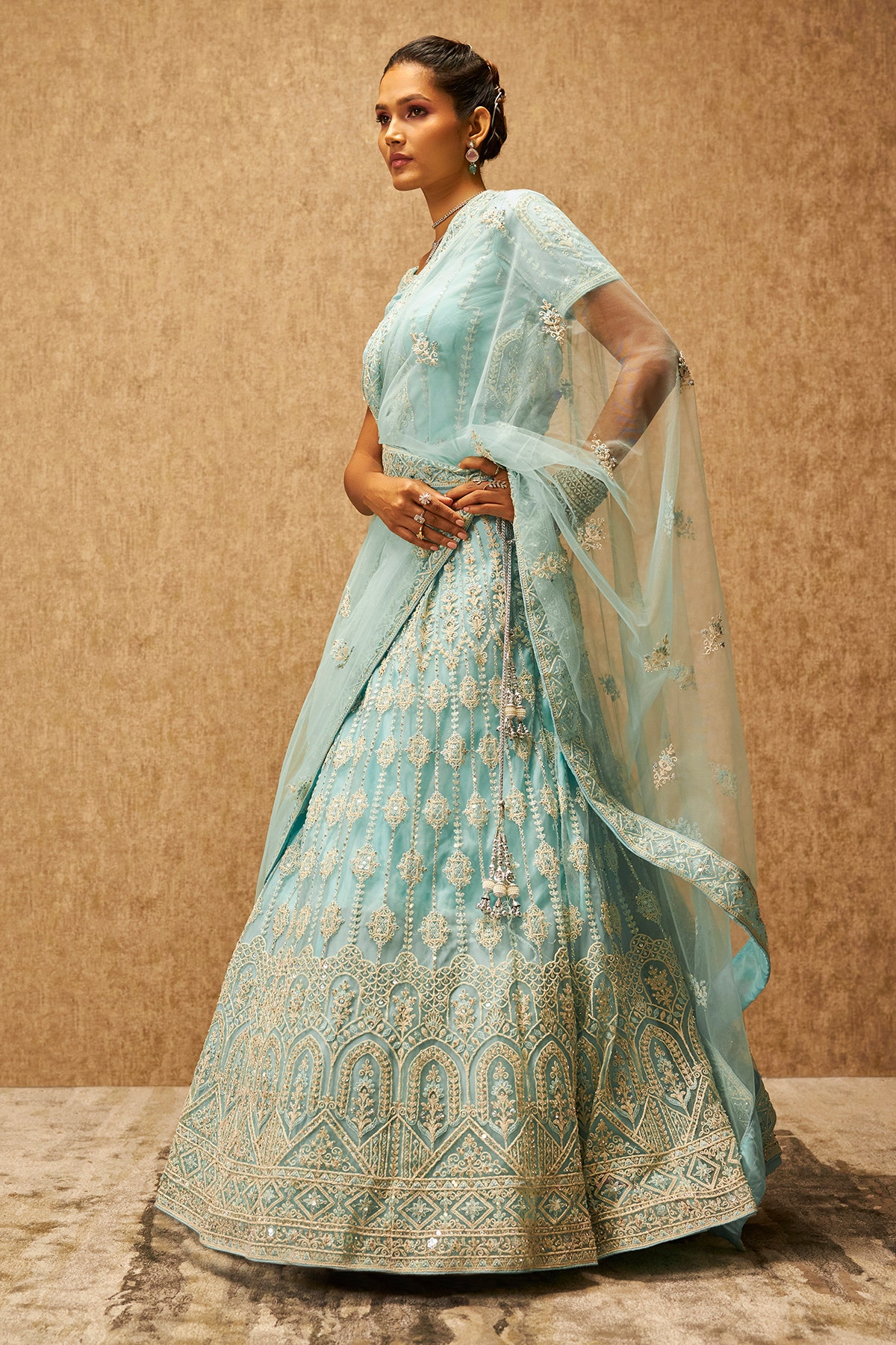 Buy ethnic Powder Blue Net Floral Embroidered Sequin Embellished