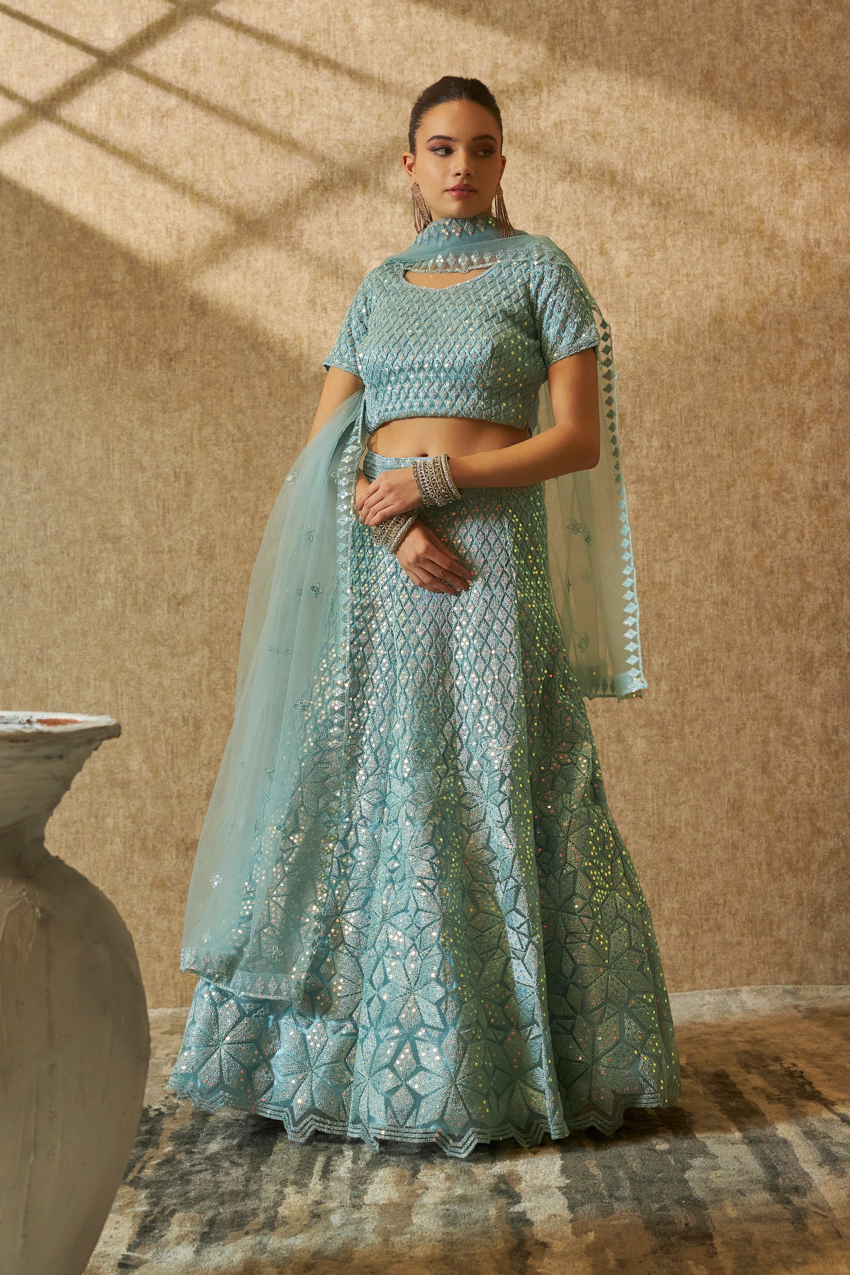 Buy Powder Blue Net Embroidered Unstitched Lehenga Set with Sequin