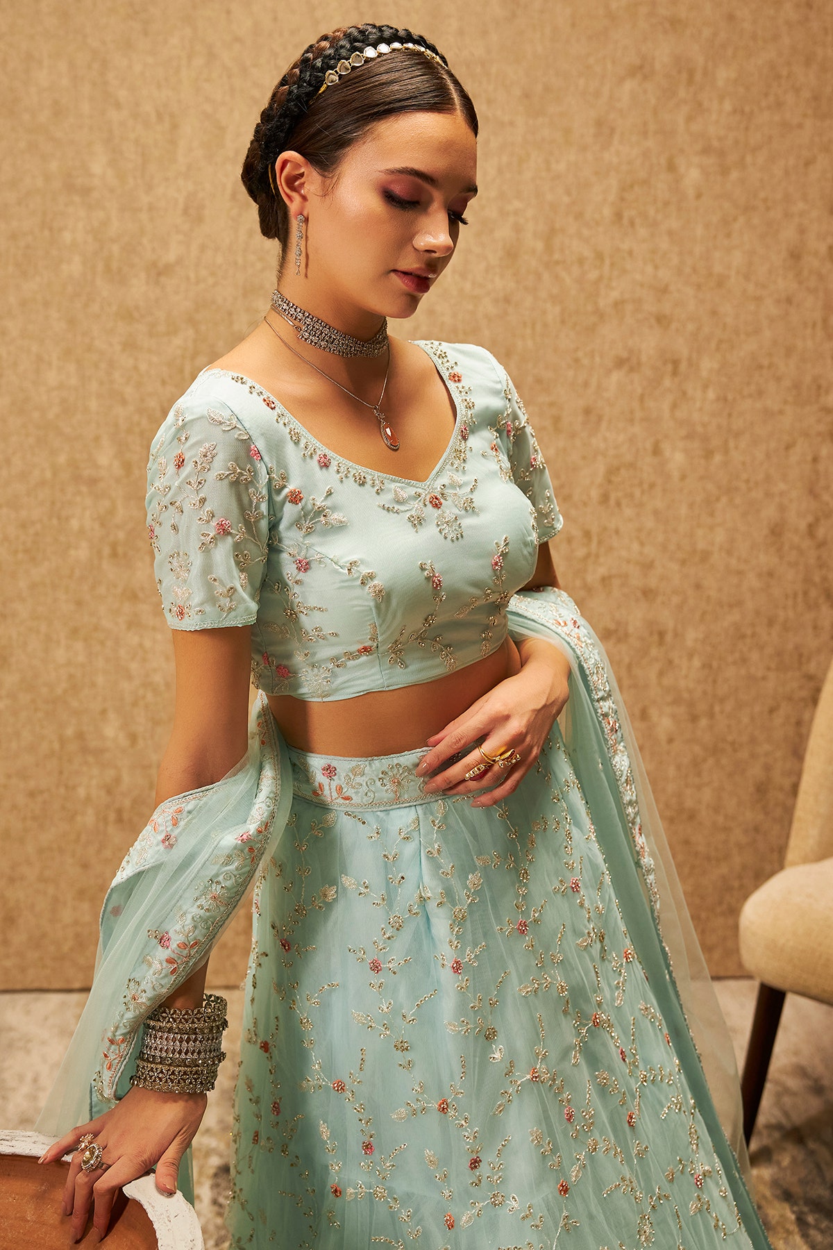 Shop Soch s Powder Blue Net Floral Embroidered Stone Embellished