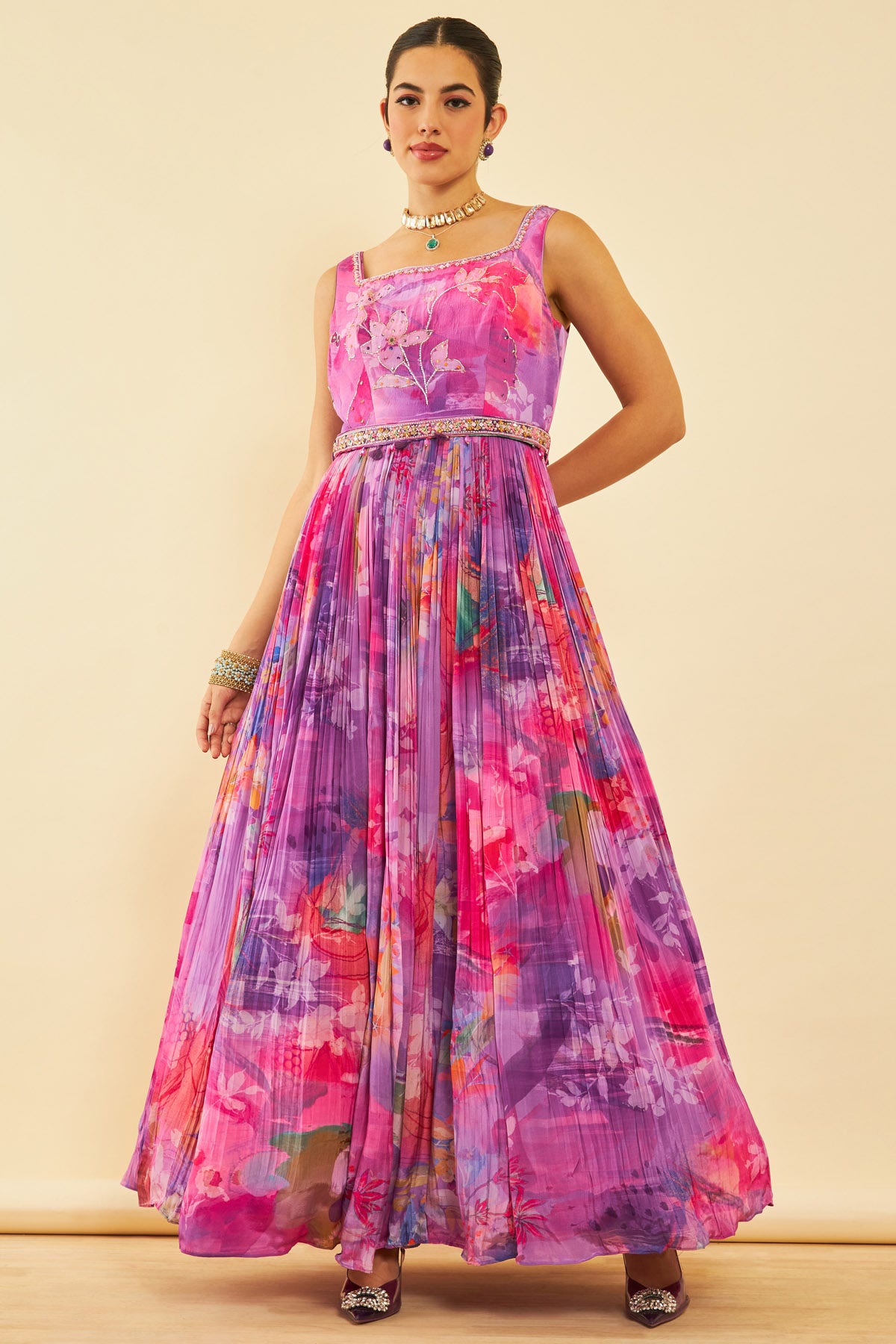 Shop Purple Crepe Floral Printed Ethnic Gown With Dupatta Online in India