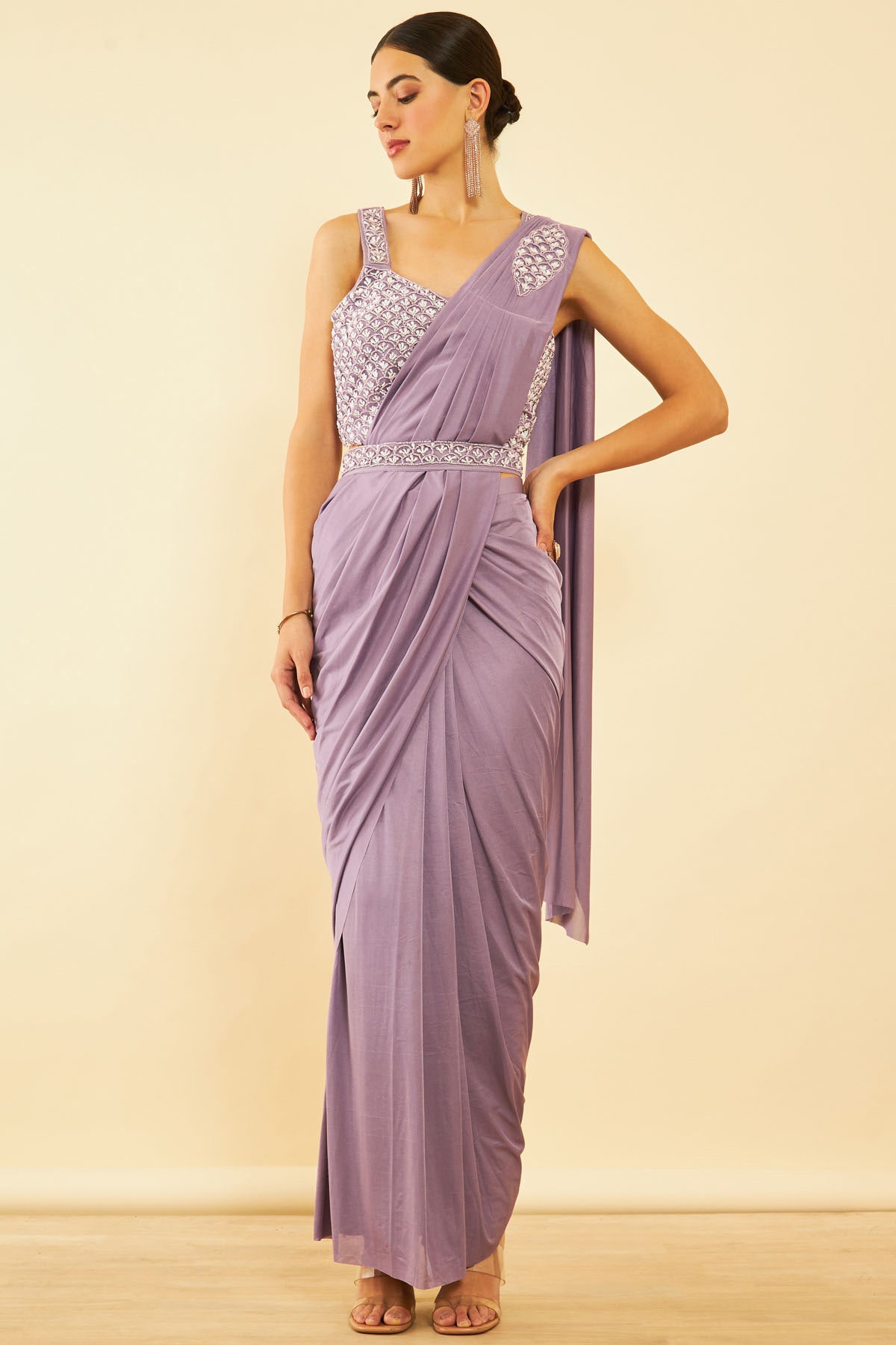 Shop Purple Lycra Ready-To-Wear Saree with Beadwork Blouse and Belt online  at  - SREVRTW106815A