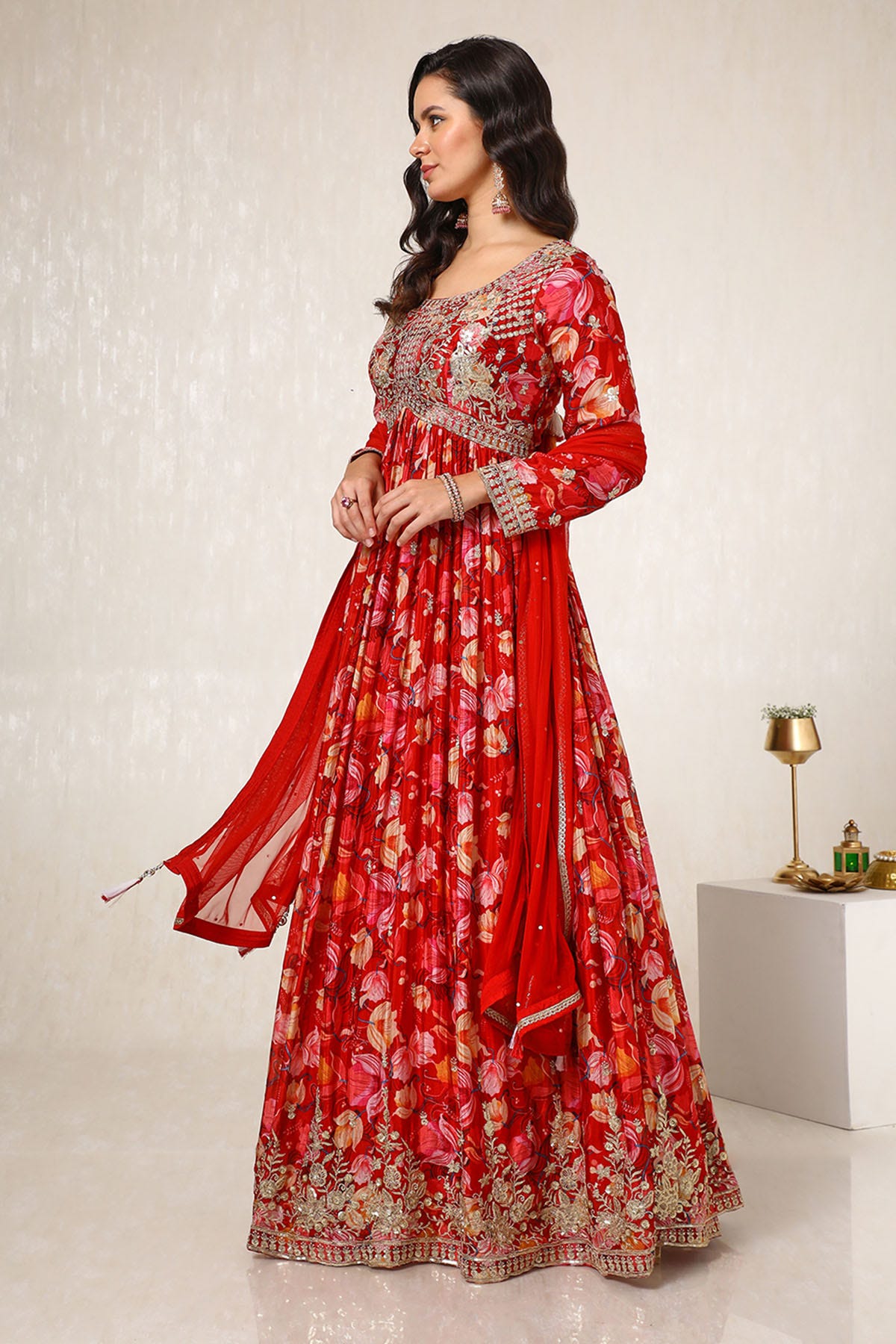 Buy Red Chinon Embroidered Gown With Sequence Work Online in India