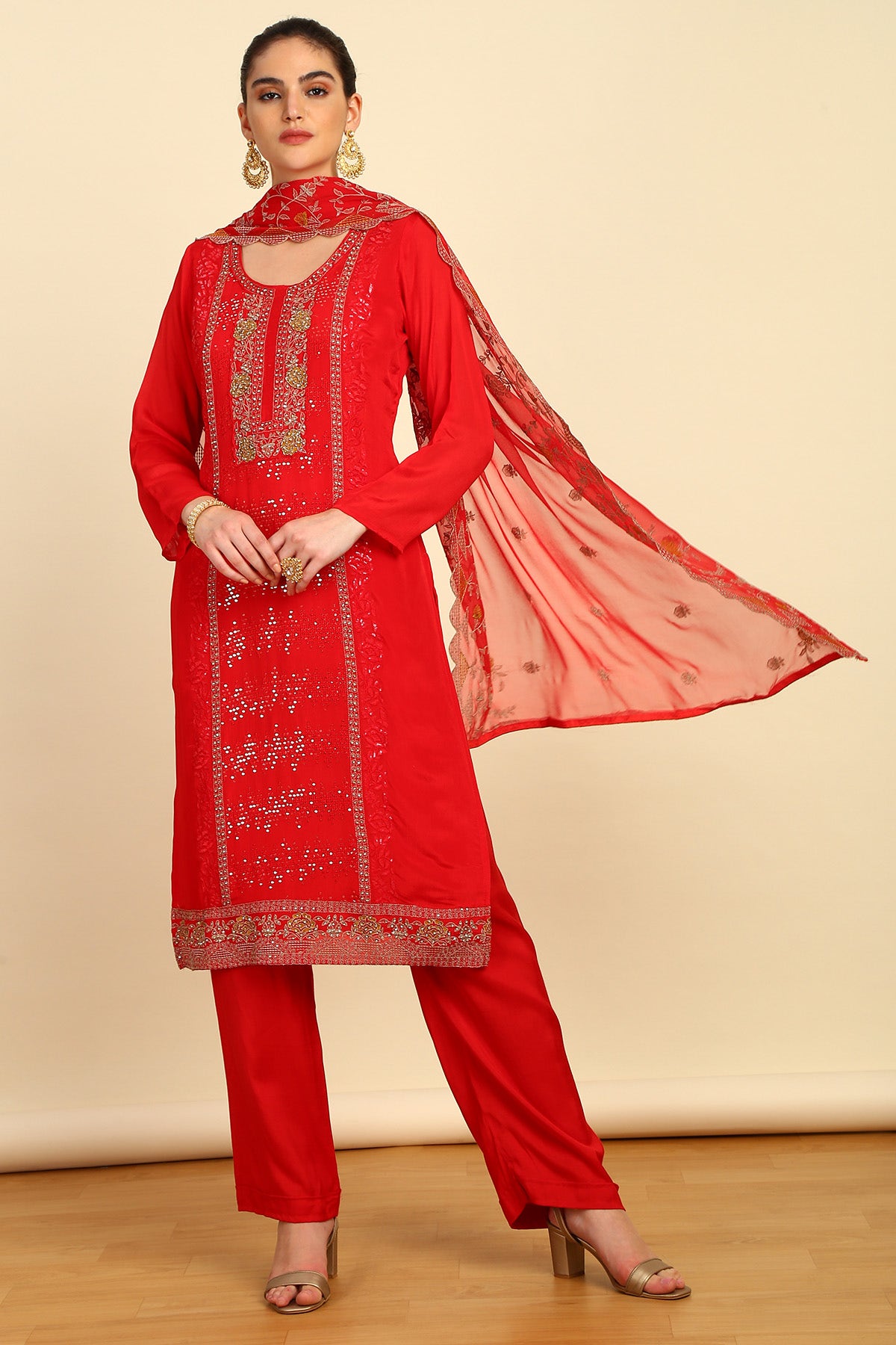 Shop Red Crepe Dress Material With Sequins Online in India on Soch Website