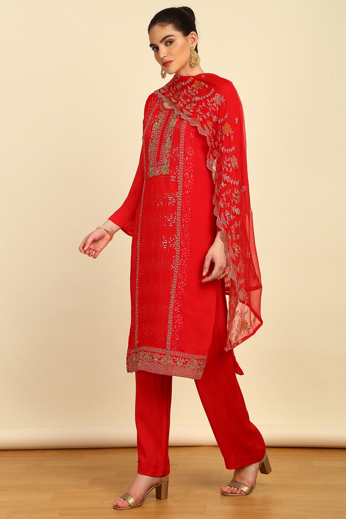 Shop Red Crepe Dress Material With Sequins Online in India on Soch Website