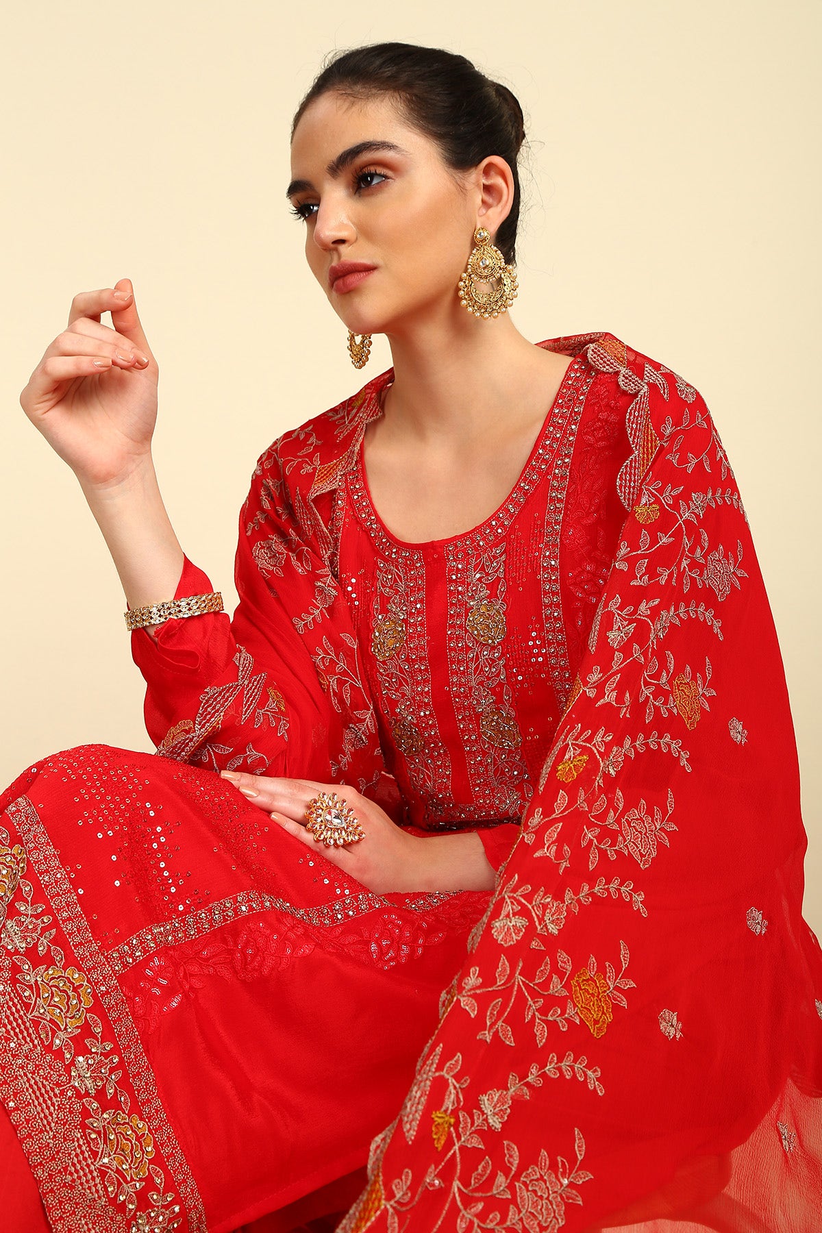 Shop Red Crepe Dress Material With Sequins Online in India on Soch Website