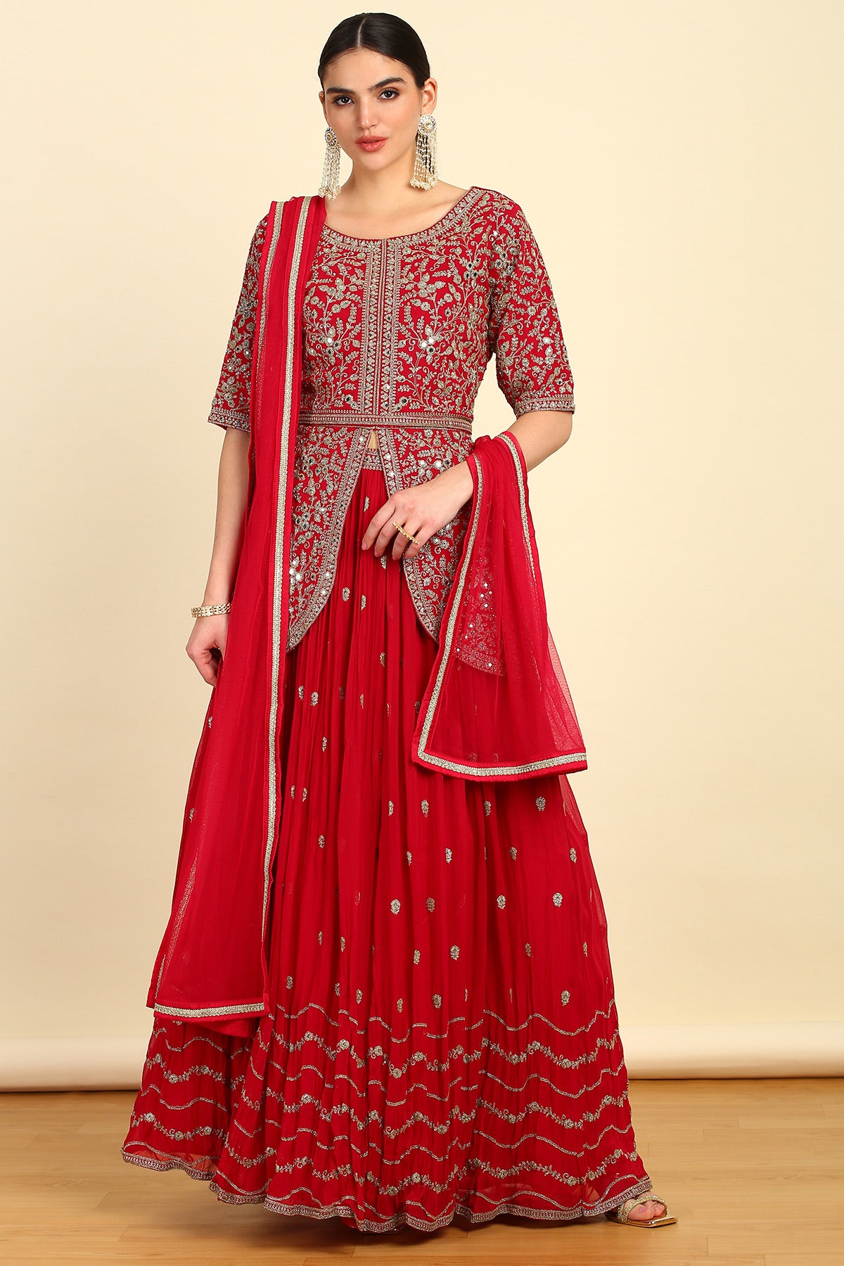 Shop Red Zari Embroidery Georgette Lehenga Choli With Stone Work in India