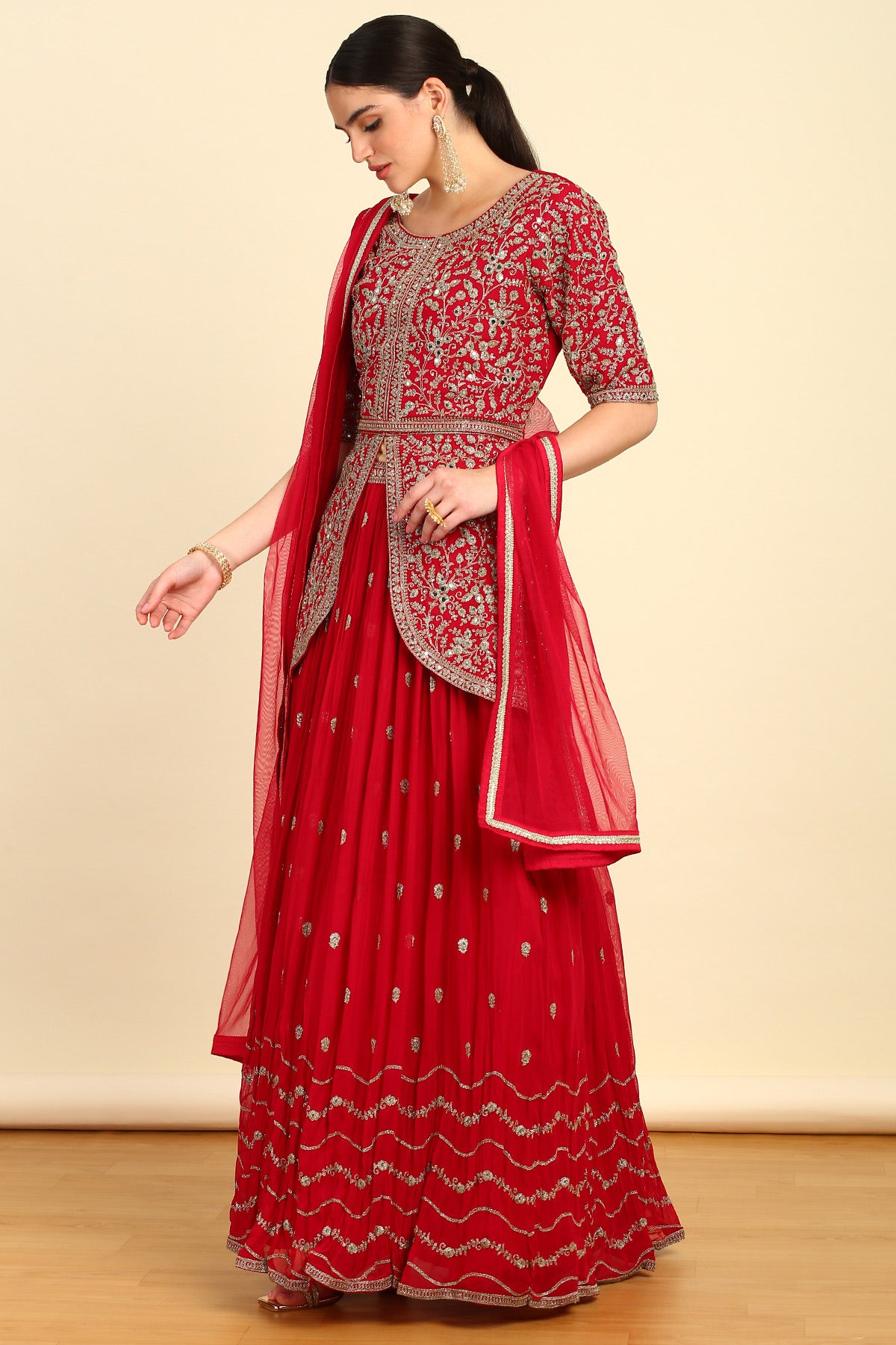 Shop Red Zari Embroidery Georgette Lehenga Choli With Stone Work in India