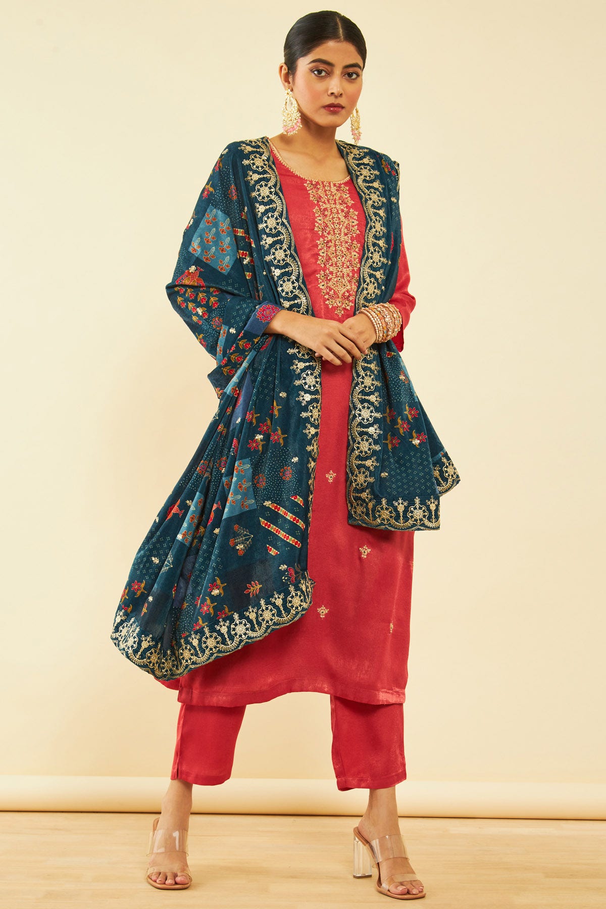 Orange material chudidhar set, embroidered silk cotton top, contrast cotton  bottom & intricate designed gadwal dupatta