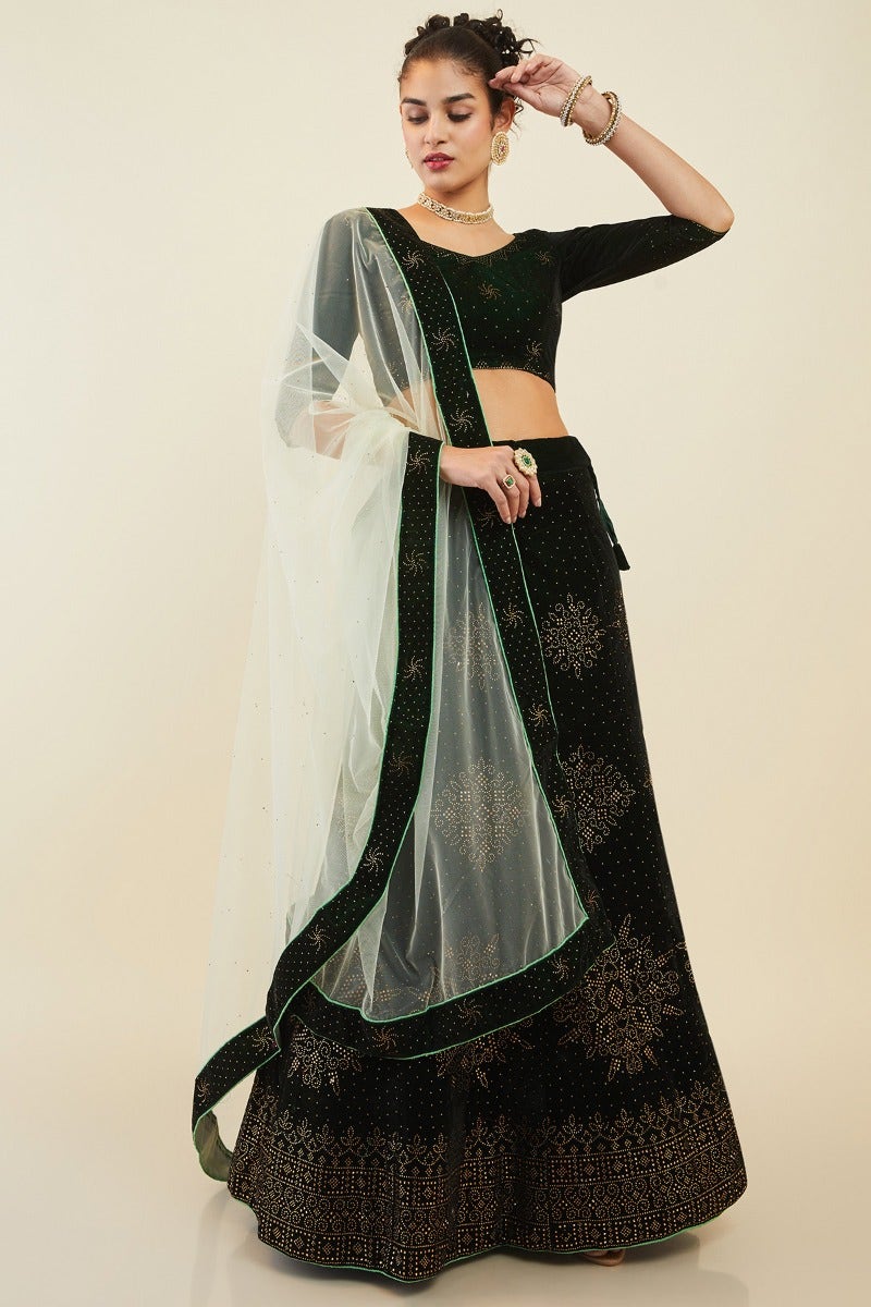 Soch Green Velvet Unstitch Lehenga Set With Ethnic Stone Embellishments Free Size Soch Apparels Commercial street Bengaluru