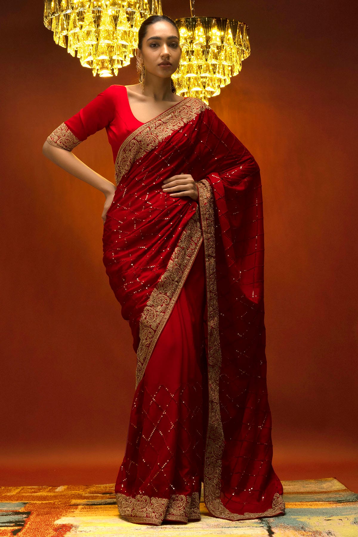Maroon Chiffon Saree With Sequins And Paisley Borders