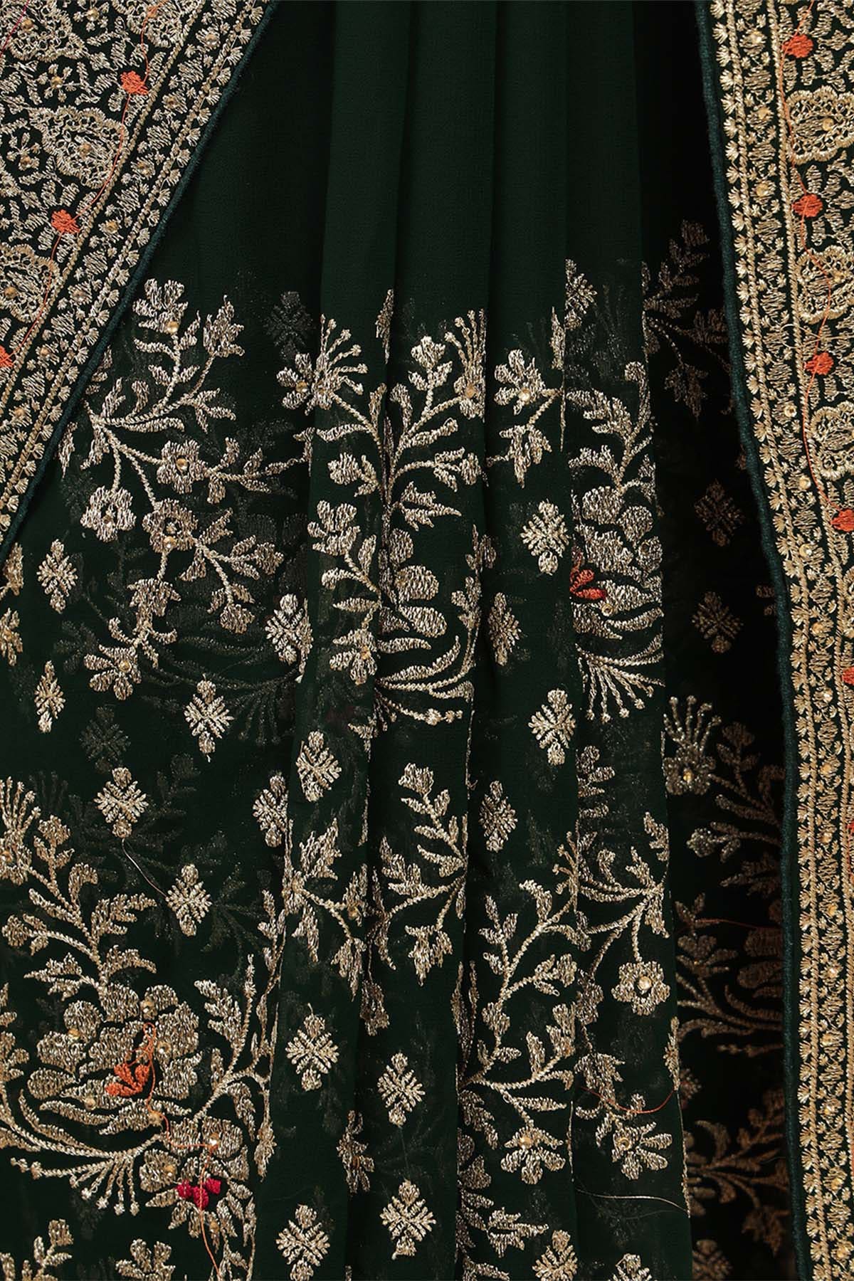 Green Georgette Saree With Zari Embroidery And Stone Work