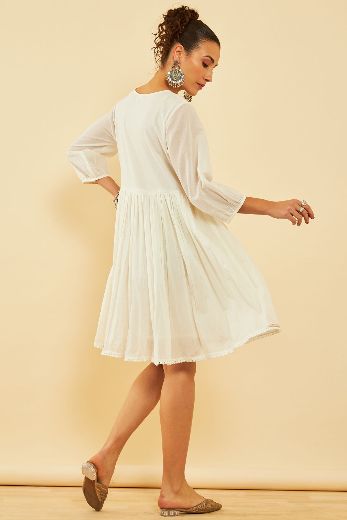 White Green Cotton A Line Ethnic Dress With Tie Ups Available in the USA Worldwide