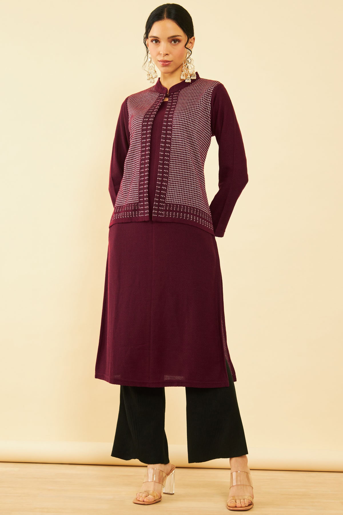 Wine Acrylic Straight Winter Kurta with Jacket Overlay Available in Canada