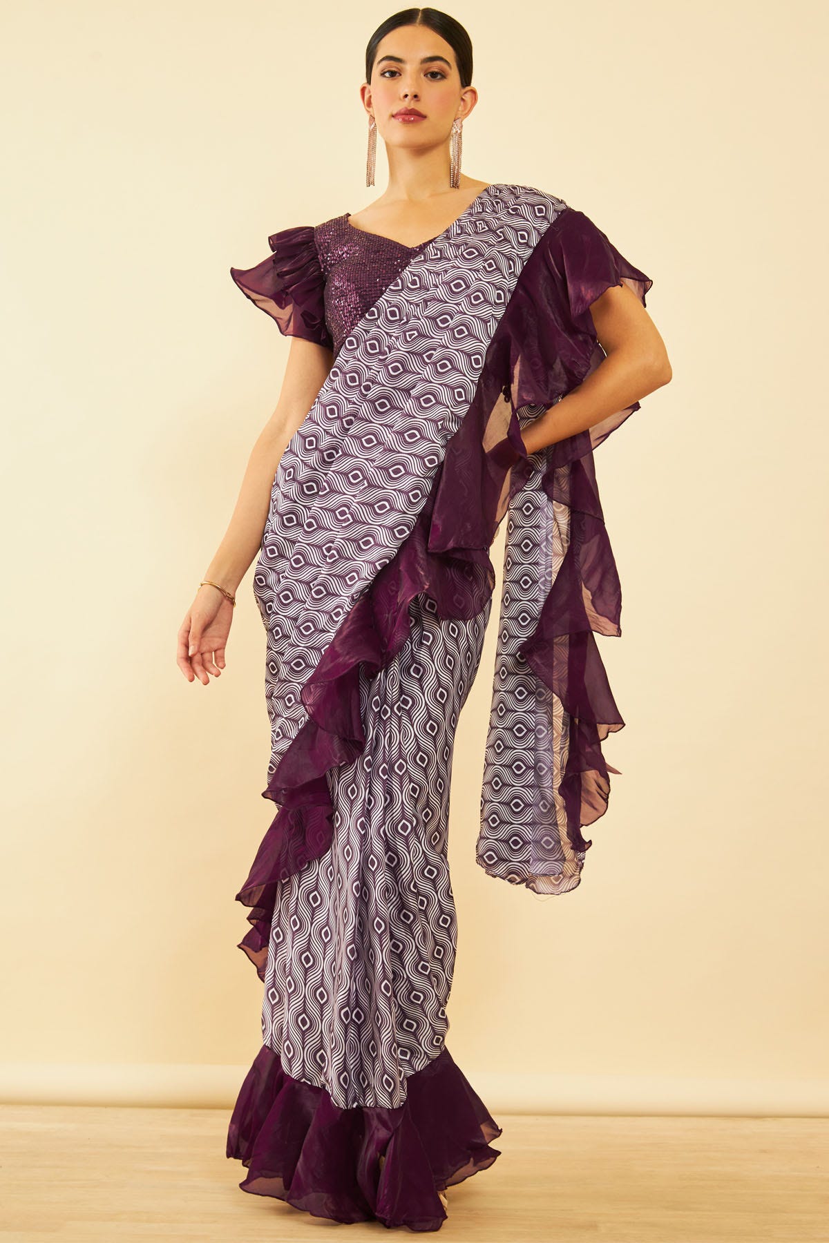 Wine Crepe Printed Ready-To-Wear Saree with Ruffled Borders