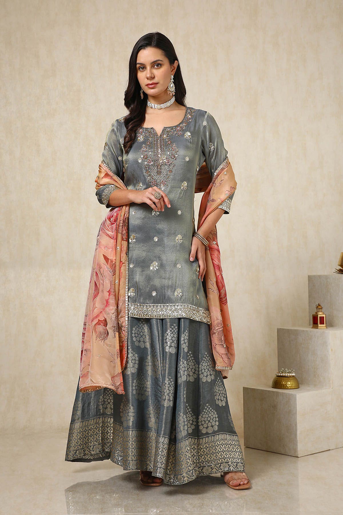 Shop Grey Tissue Suit Set With Sequins Online in India