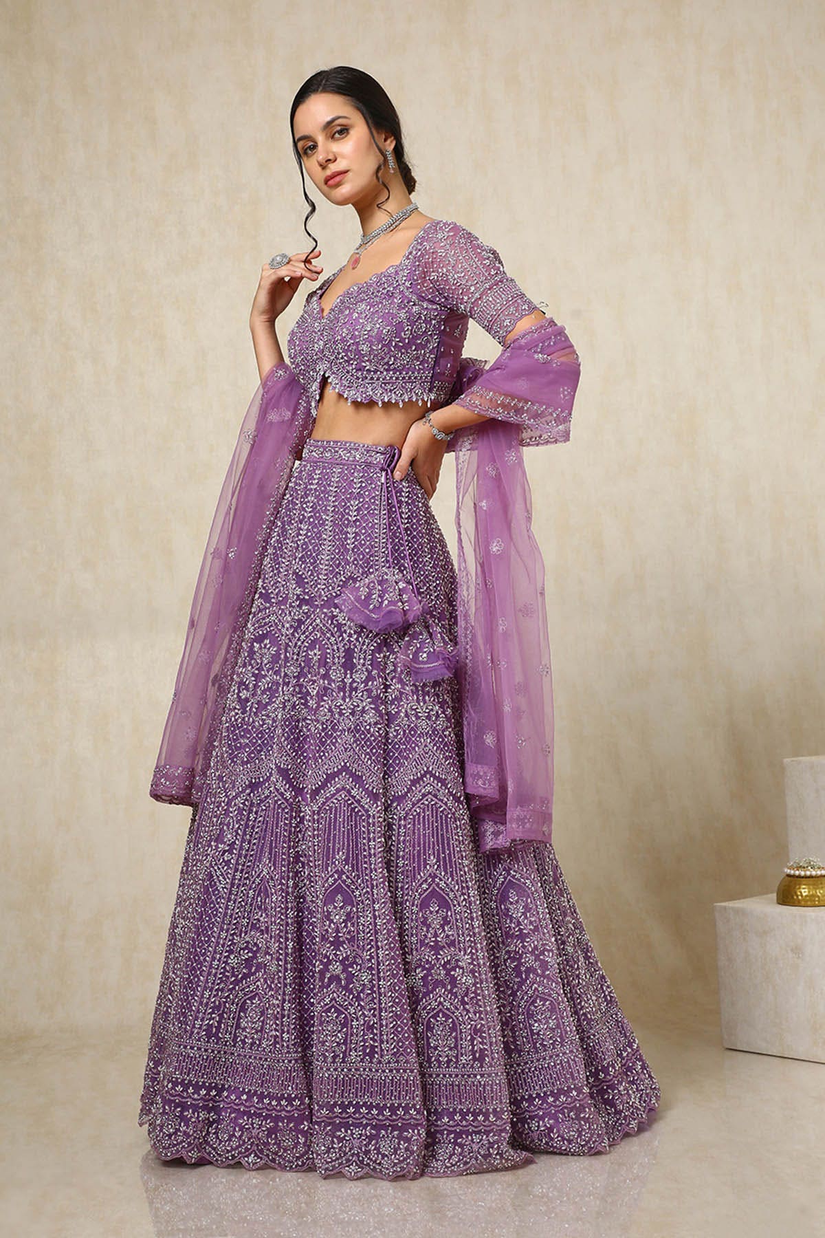 Shop Purple Net Ghagra Choli With Beads And Stones Online in India