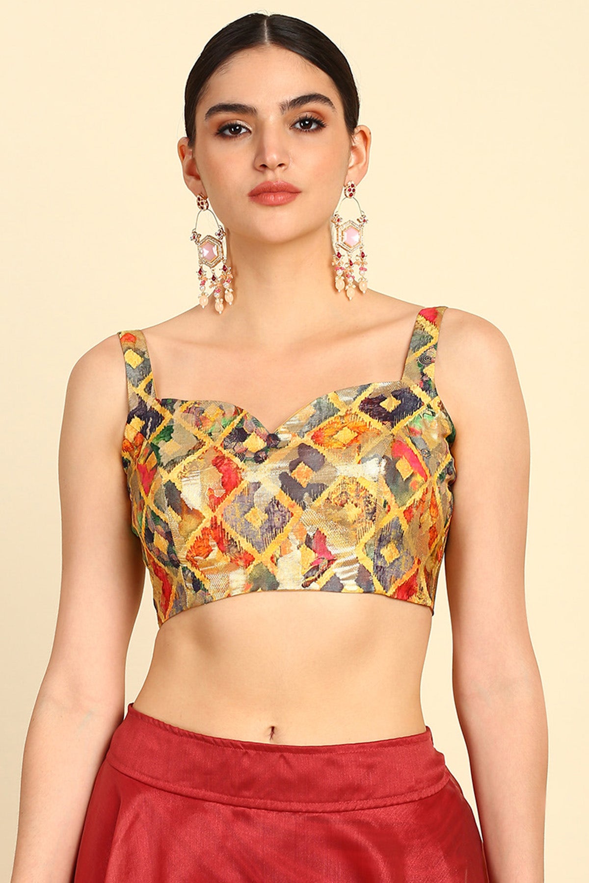Yellow Woven Design Sweetheart Neck Art Silk Padded Blouse Available in Canada