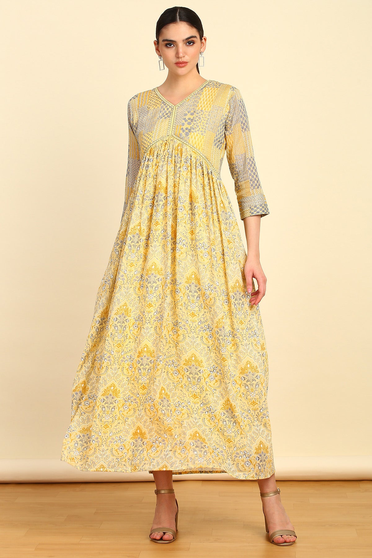 Soch Yellow Botanical Print Cotton Alia Cut Ethnic Dress S