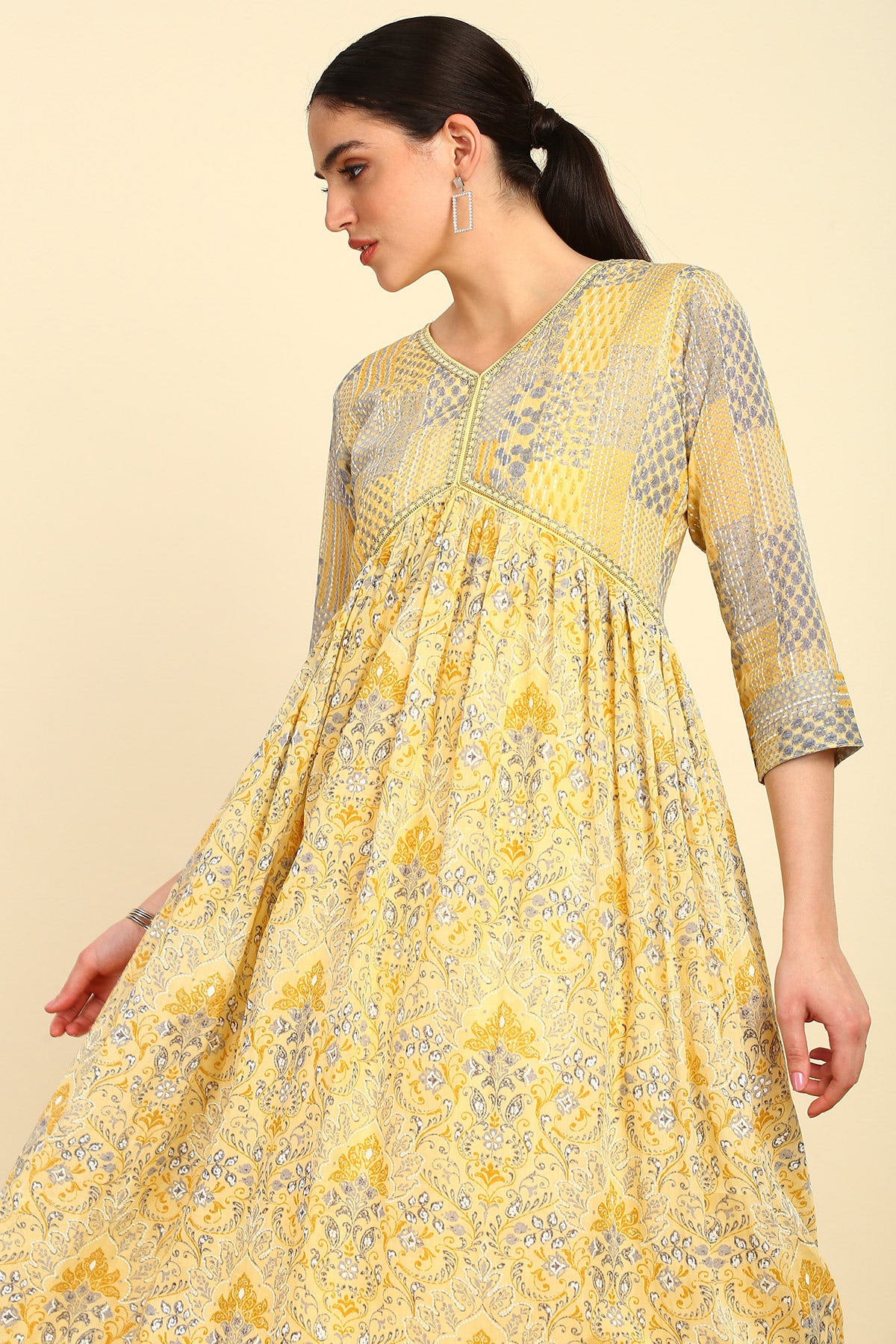 Soch Yellow Botanical Print Cotton Alia Cut Ethnic Dress S