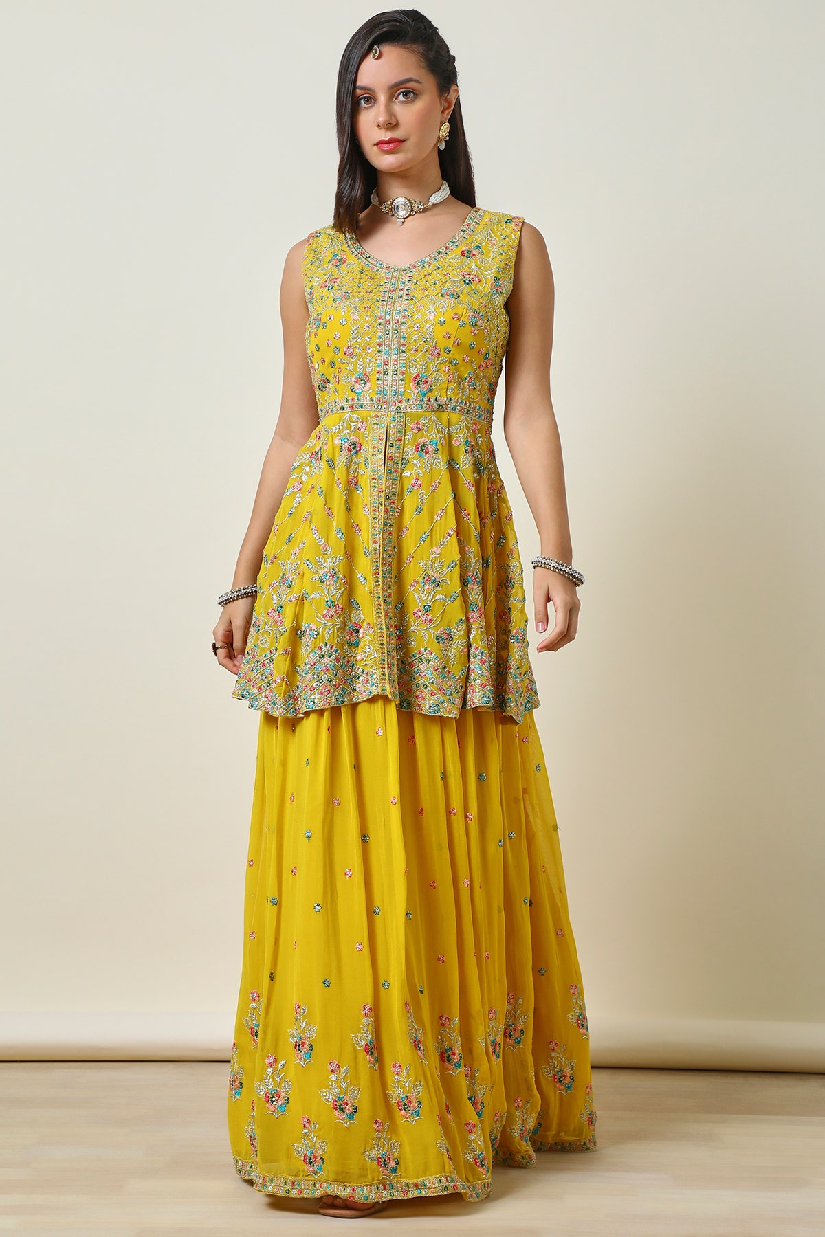Buy Soch s Yellow Georgette Flared Lehenga Choli with Embroidery Online in India
