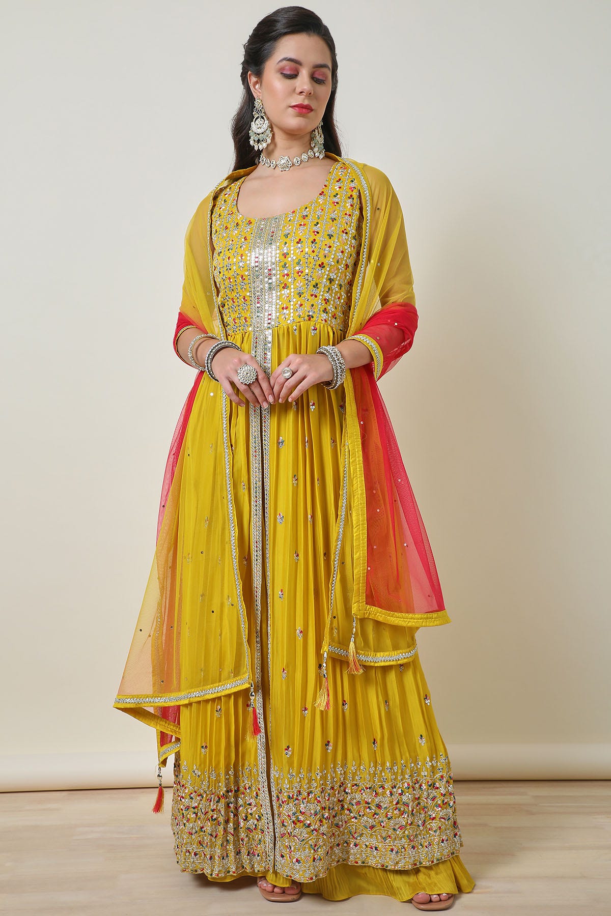 Yellow Sequin Embellished Georgette Blend Suit Set